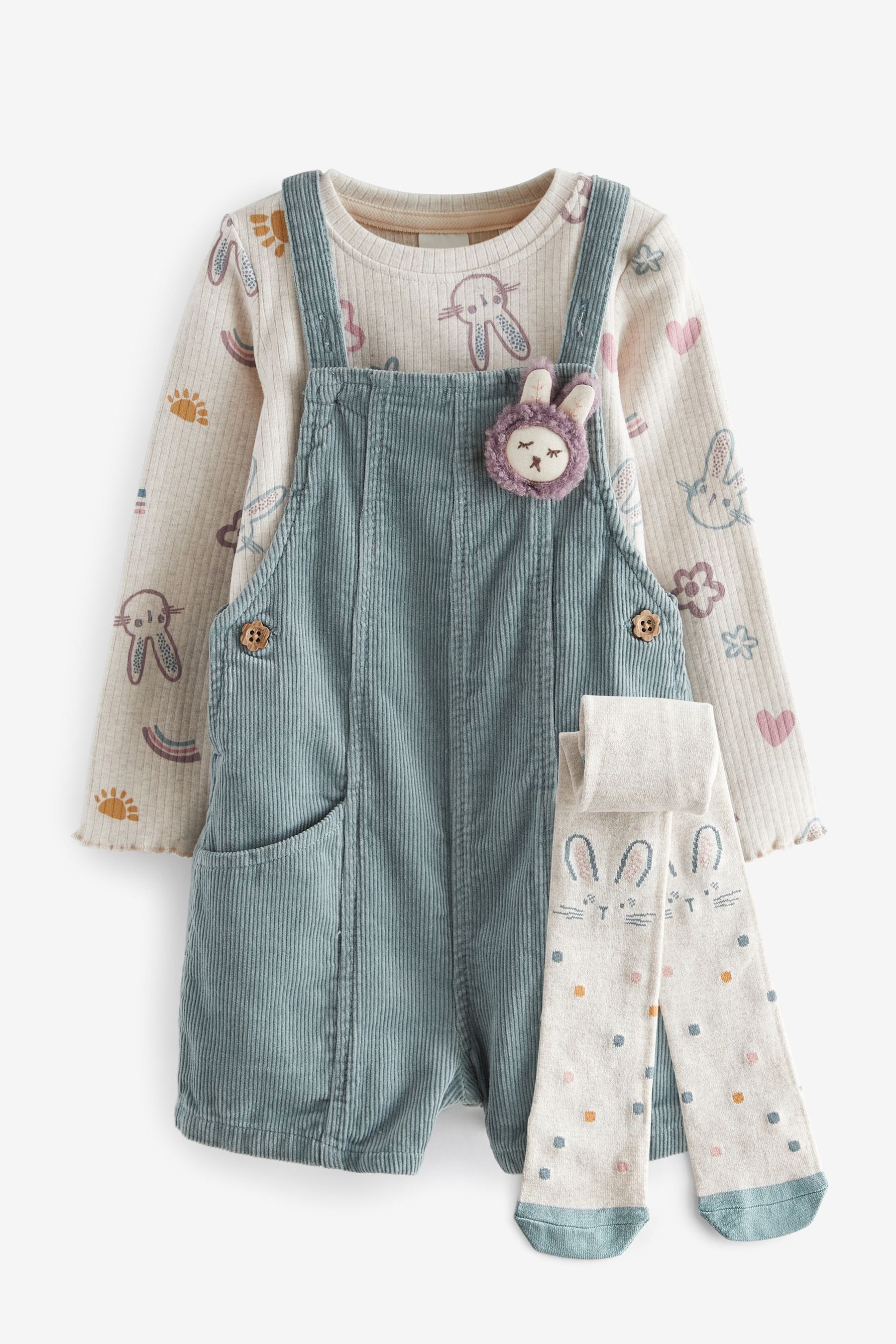 Blue 100% Cotton Corduroy Dungarees T-Shirt & Tights Set (3mths-7yrs)