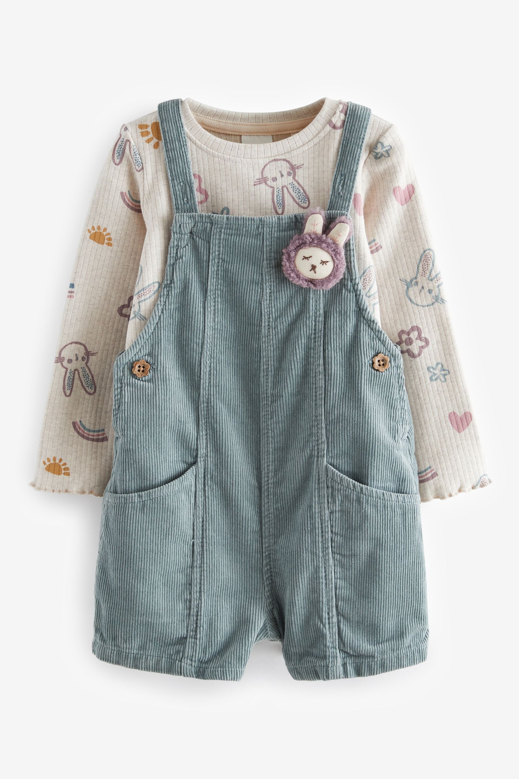 Blue 100% Cotton Corduroy Dungarees T-Shirt & Tights Set (3mths-7yrs)