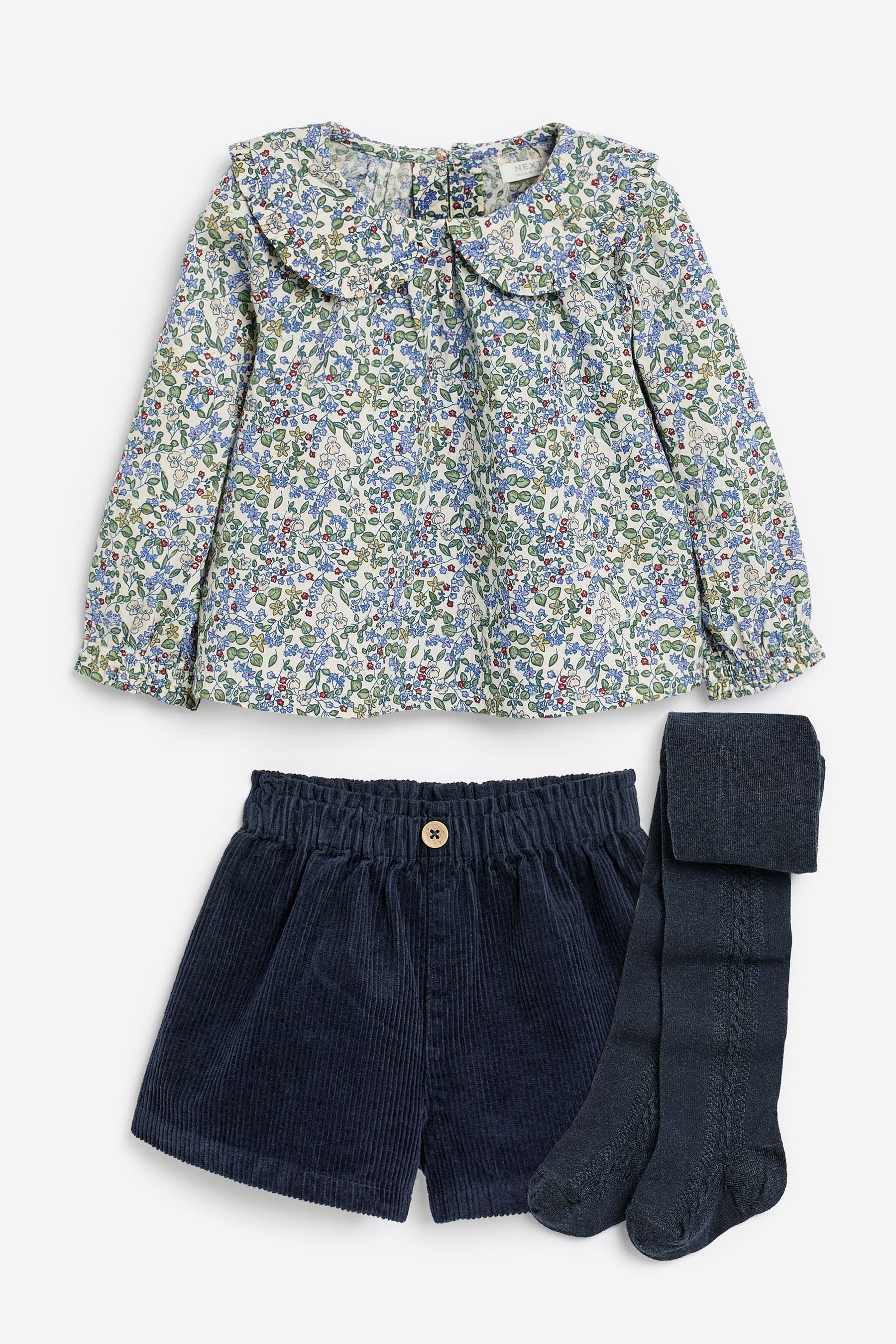 Navy Floral Blouse, Shorts and Tights 100% Cotton Set (3mths-7yrs)