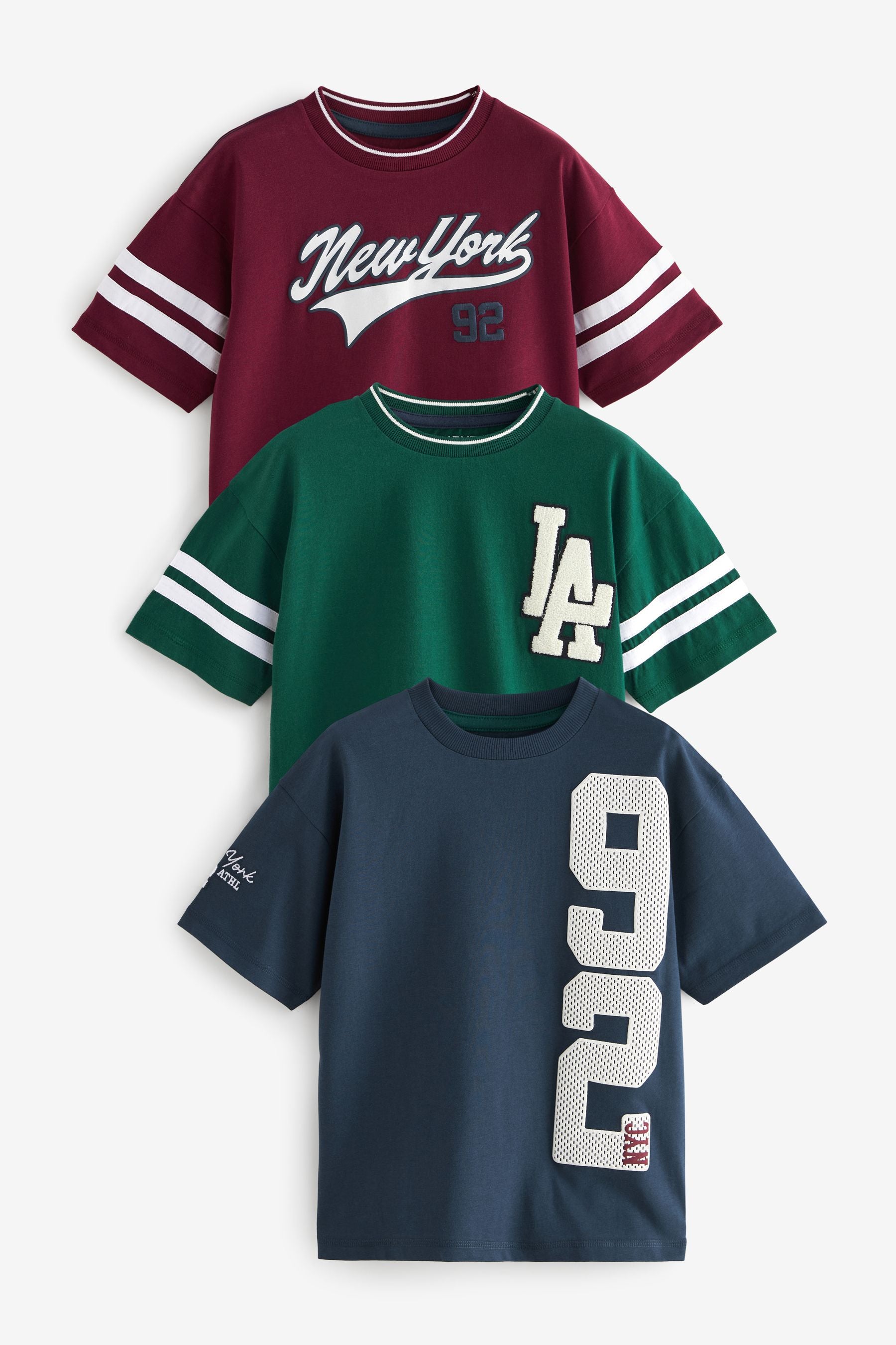 Berry/Navy/Green Varsity Graphic Relaxed Fit Short Sleeve T-Shirts 3 Pack (3-16yrs)