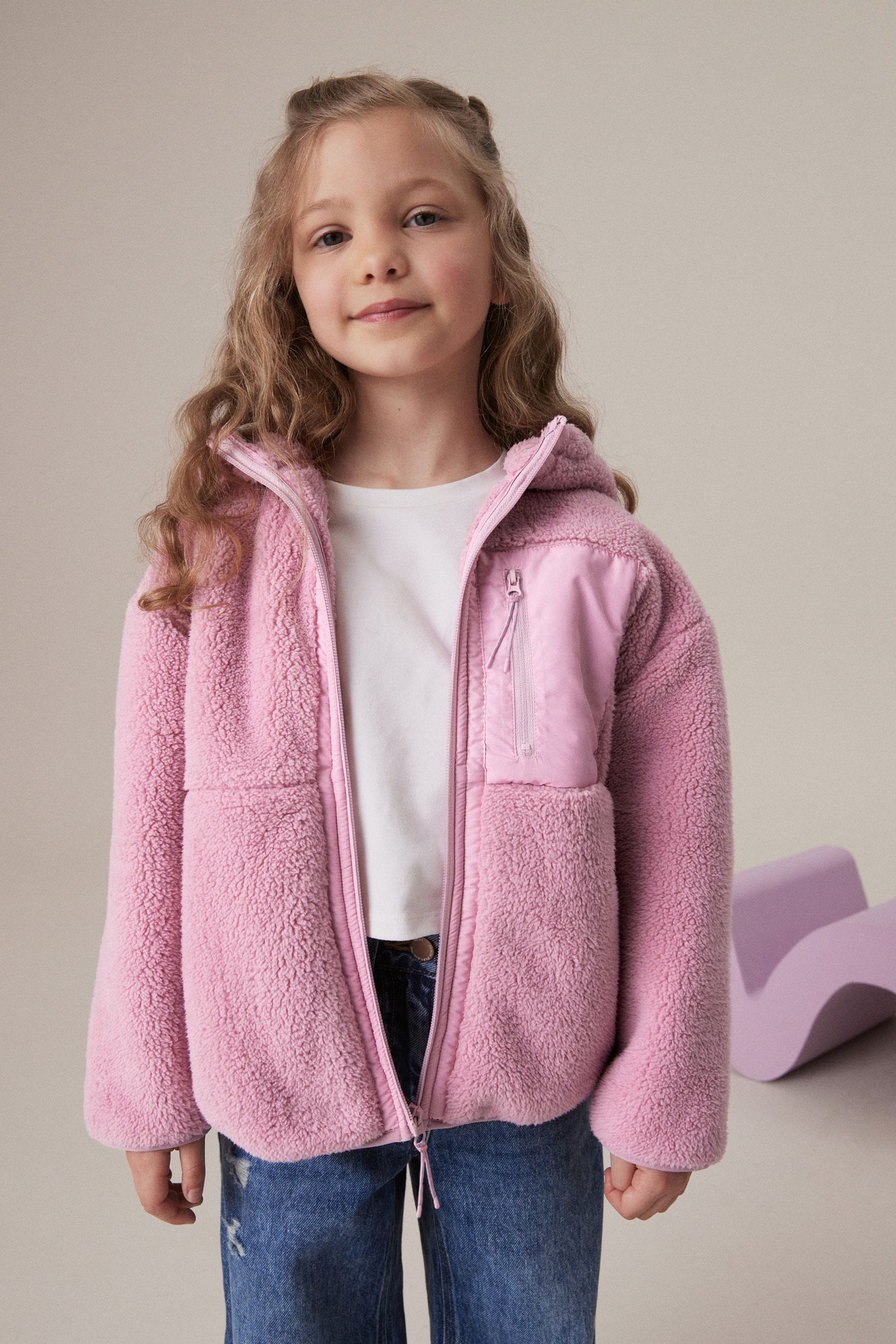 Pink Borg Fleece Zip Through Hooded Jacket (3-16yrs)