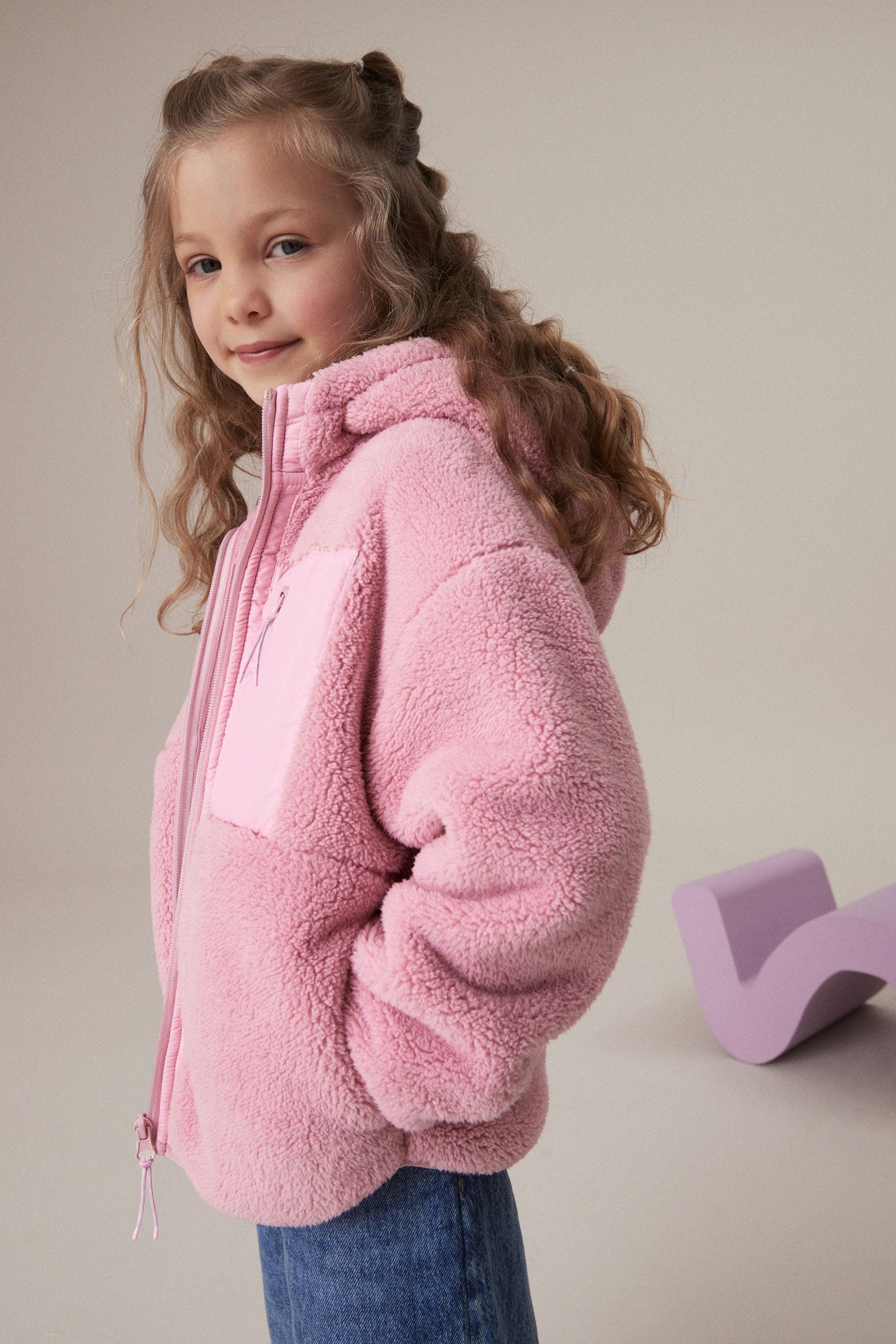 Pink Borg Fleece Zip Through Hooded Jacket (3-16yrs)