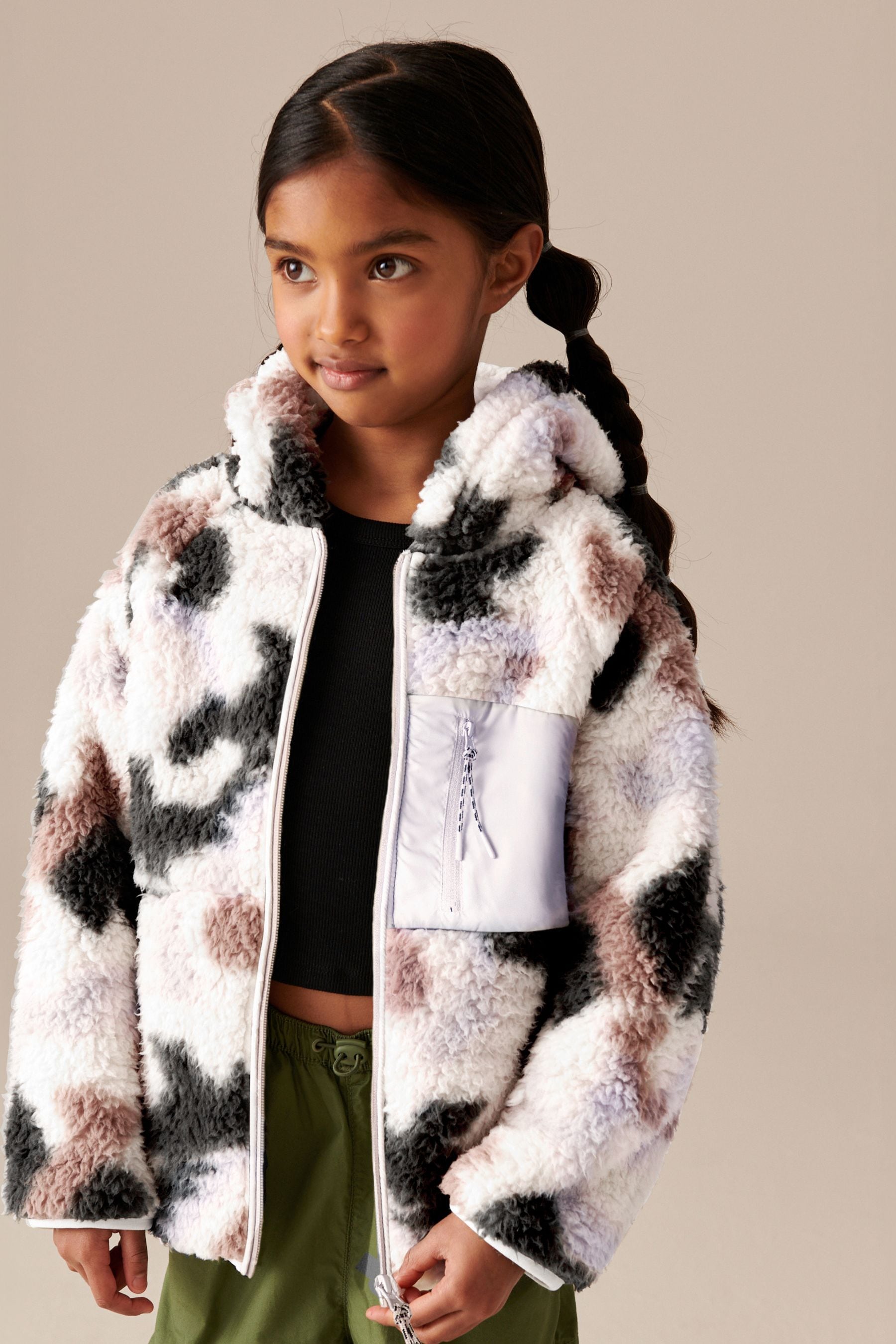 Multi Printed Borg Fleece Zip Through Hooded Jacket (3-16yrs)