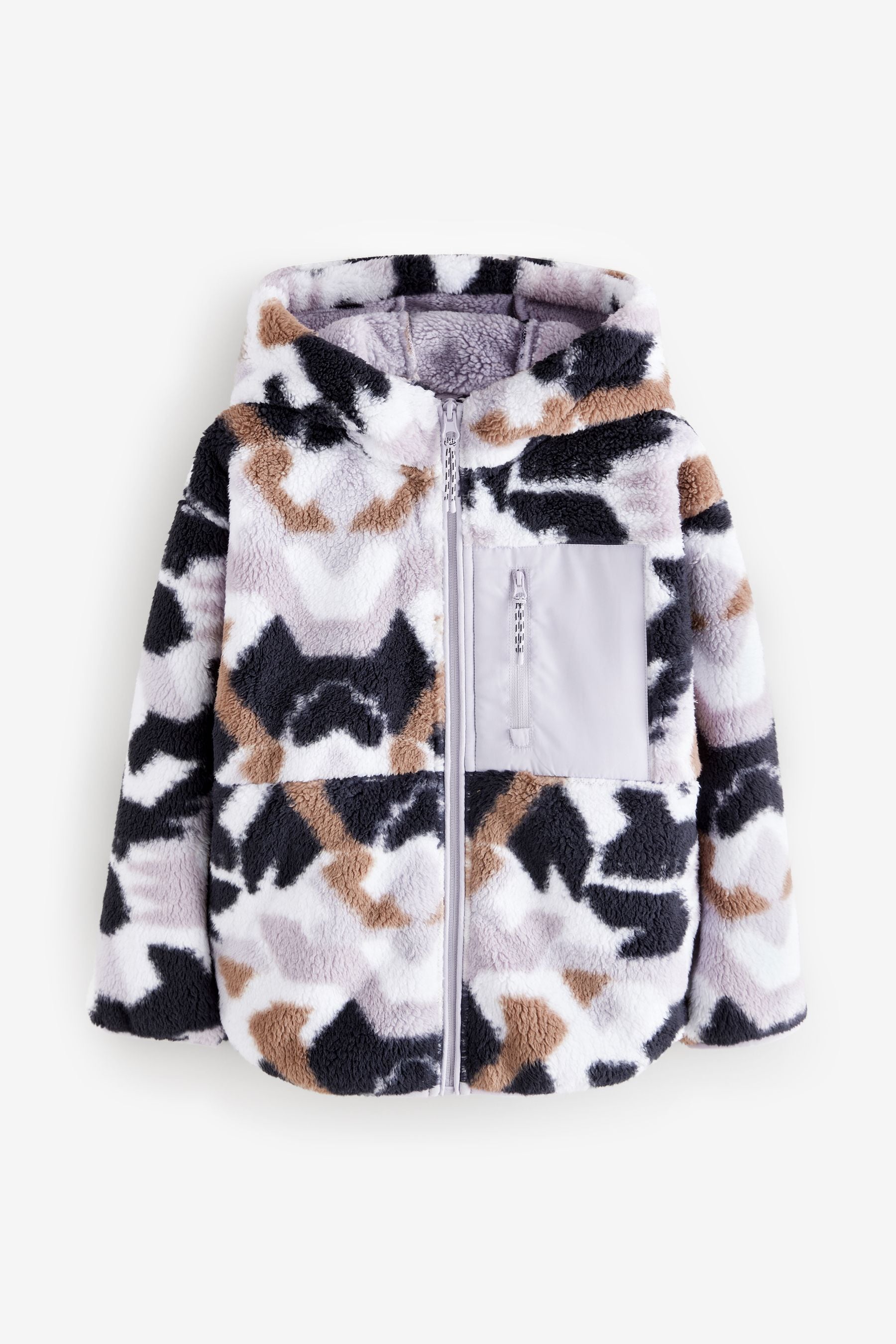 Multi Printed Borg Fleece Zip Through Hooded Jacket (3-16yrs)