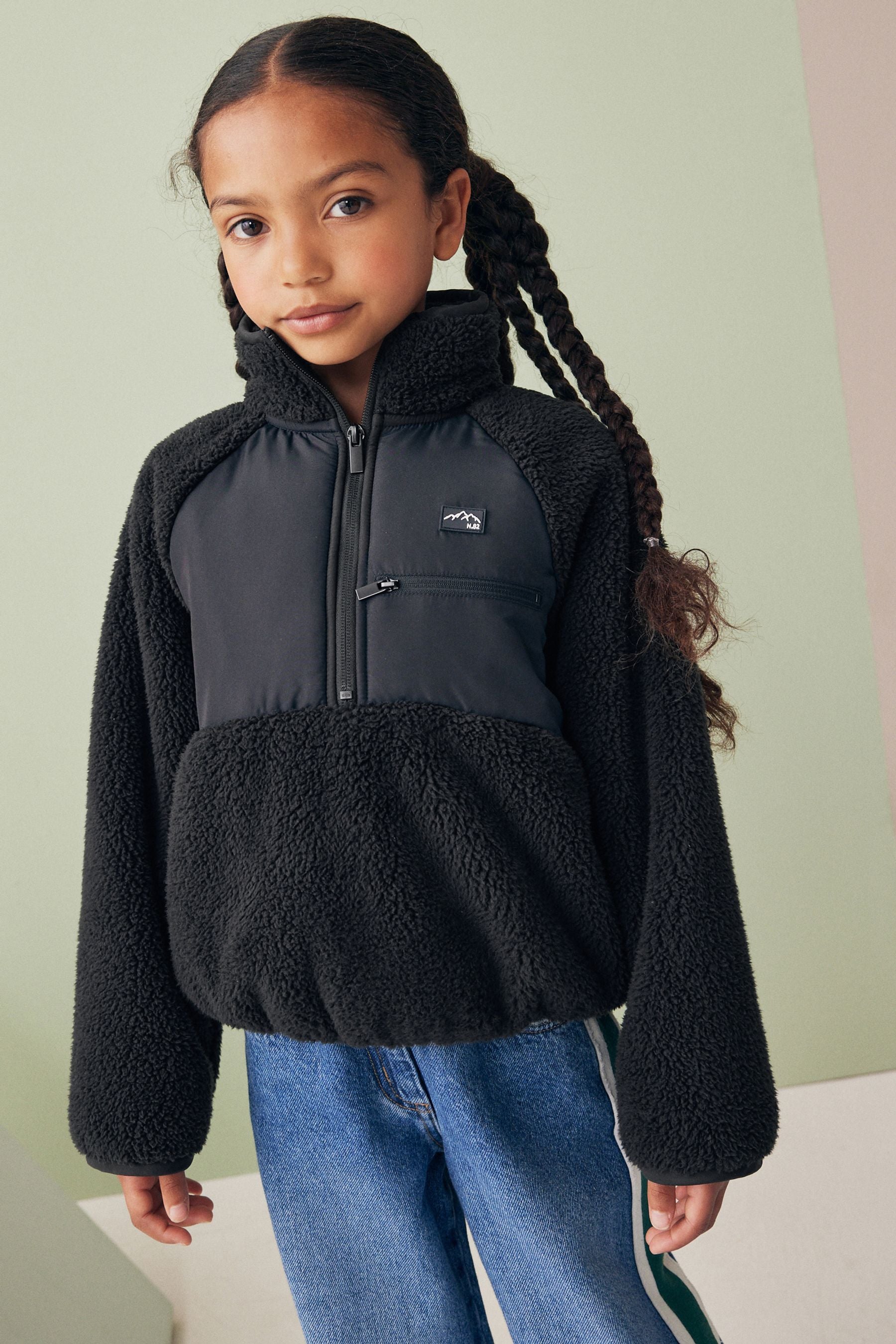 Black Nylon Borg Zip Through Jacket (3-16yrs)