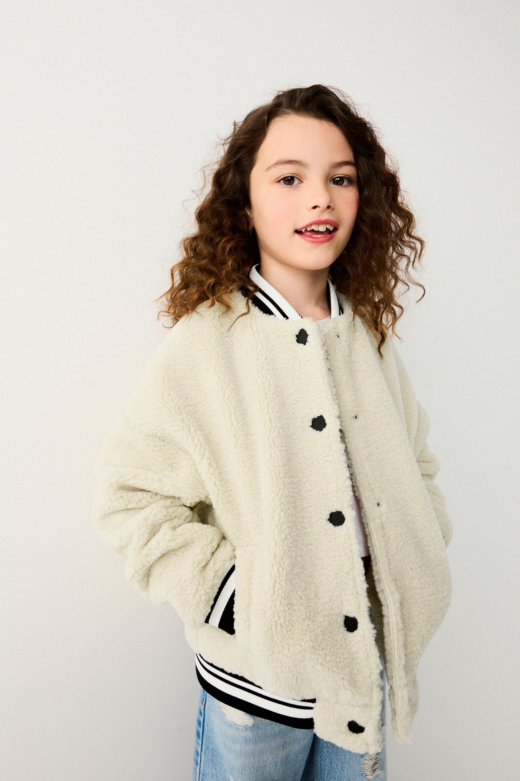 Ecru Cream Borg Varsity Bomber Jacket (3-16yrs)