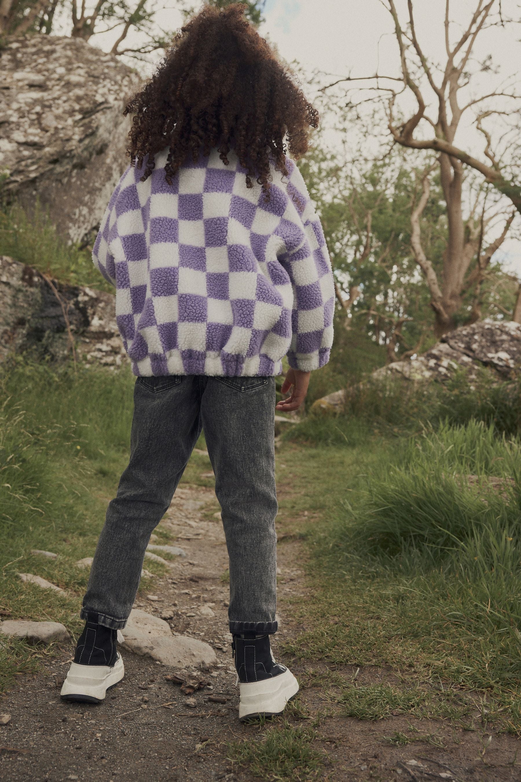 Purple Checkerboard Borg Fleece Zip Through Jacket (3-16yrs)