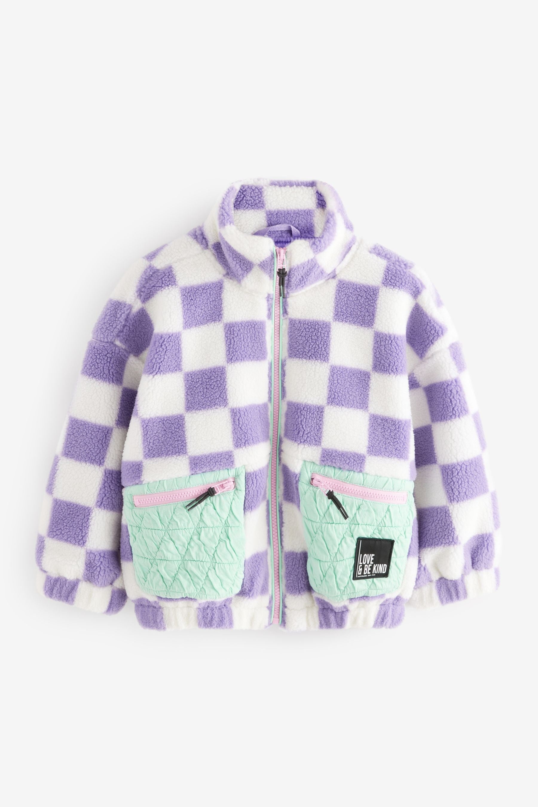 Purple Checkerboard Borg Fleece Zip Through Jacket (3-16yrs)