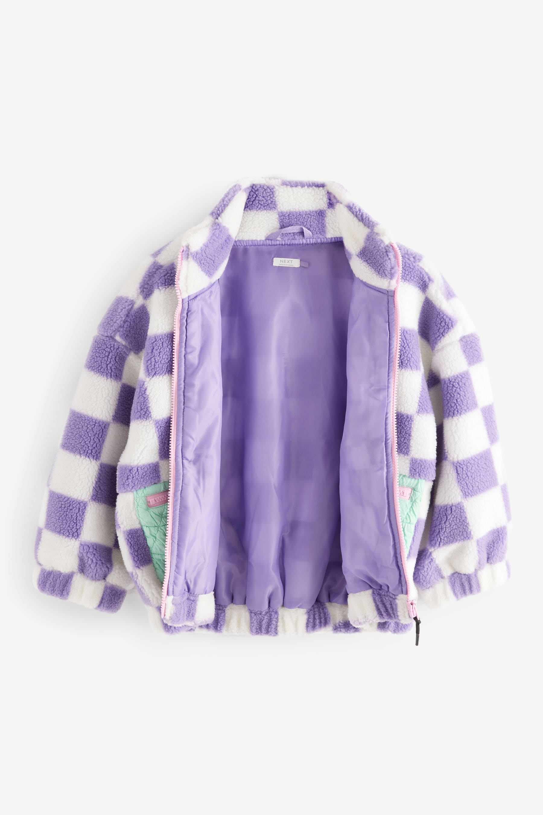 Purple Checkerboard Borg Fleece Zip Through Jacket (3-16yrs)