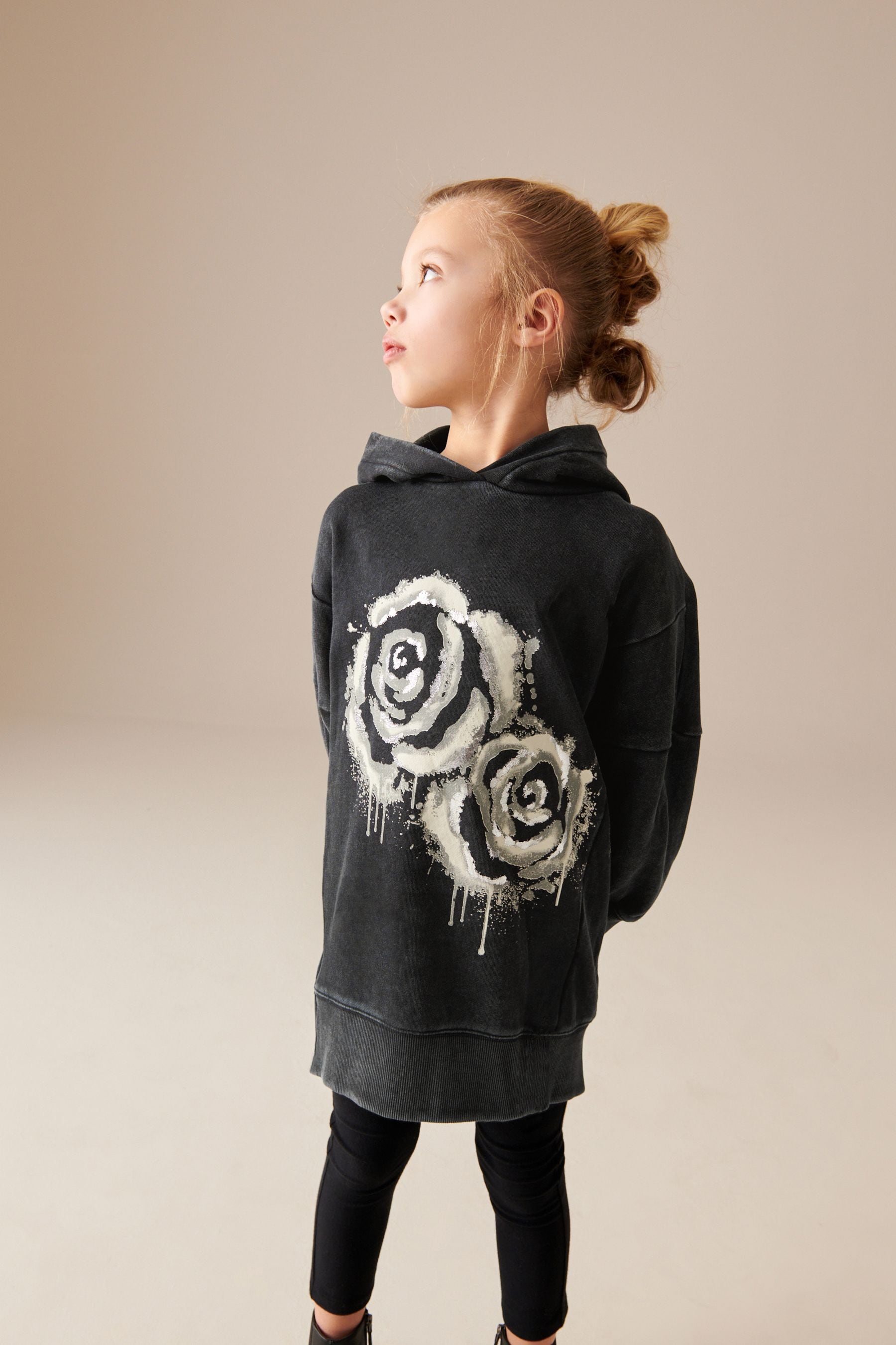 Charcoal Black Rose Printed Longline Hoodie (3-16yrs)