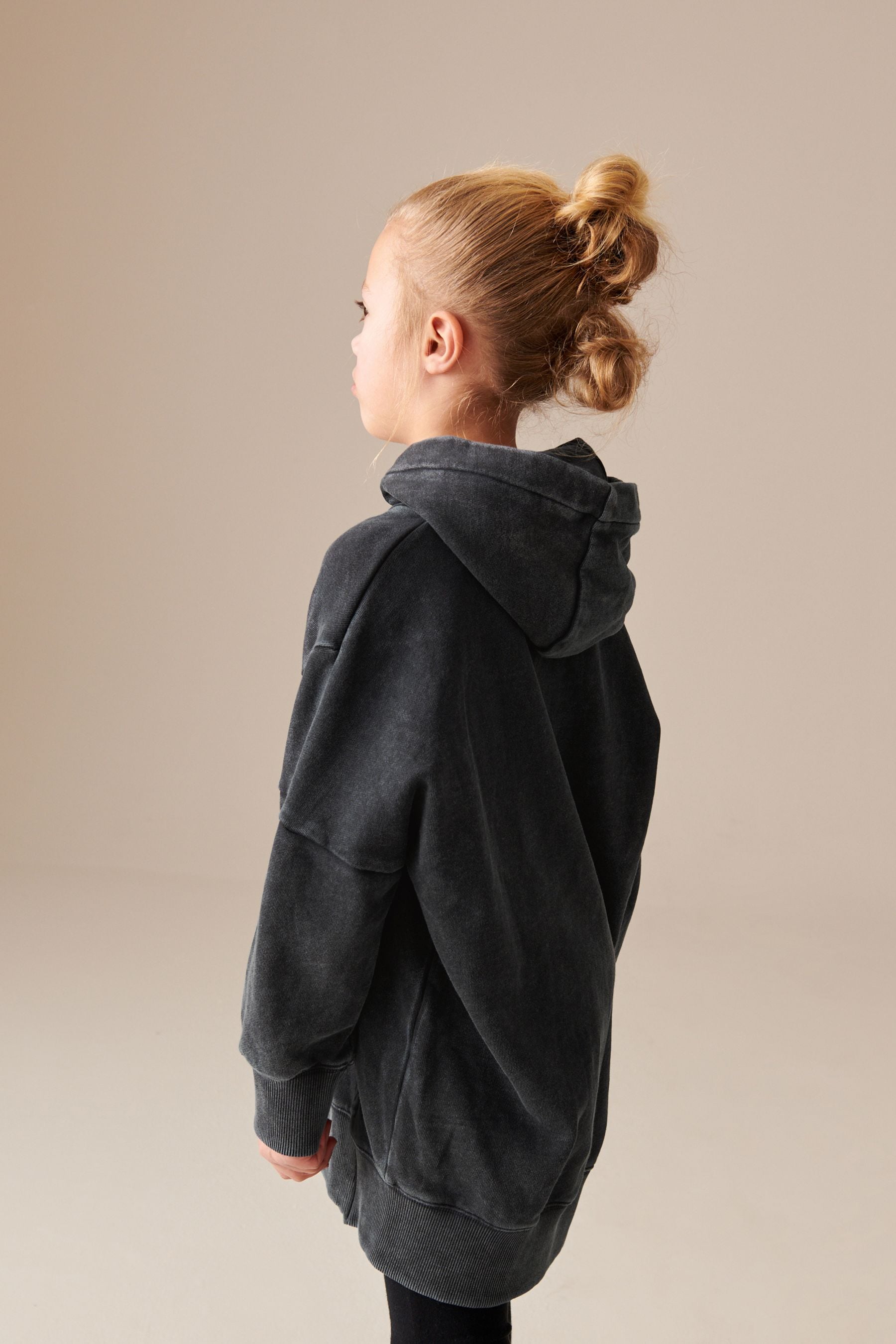 Charcoal Black Rose Printed Longline Hoodie (3-16yrs)