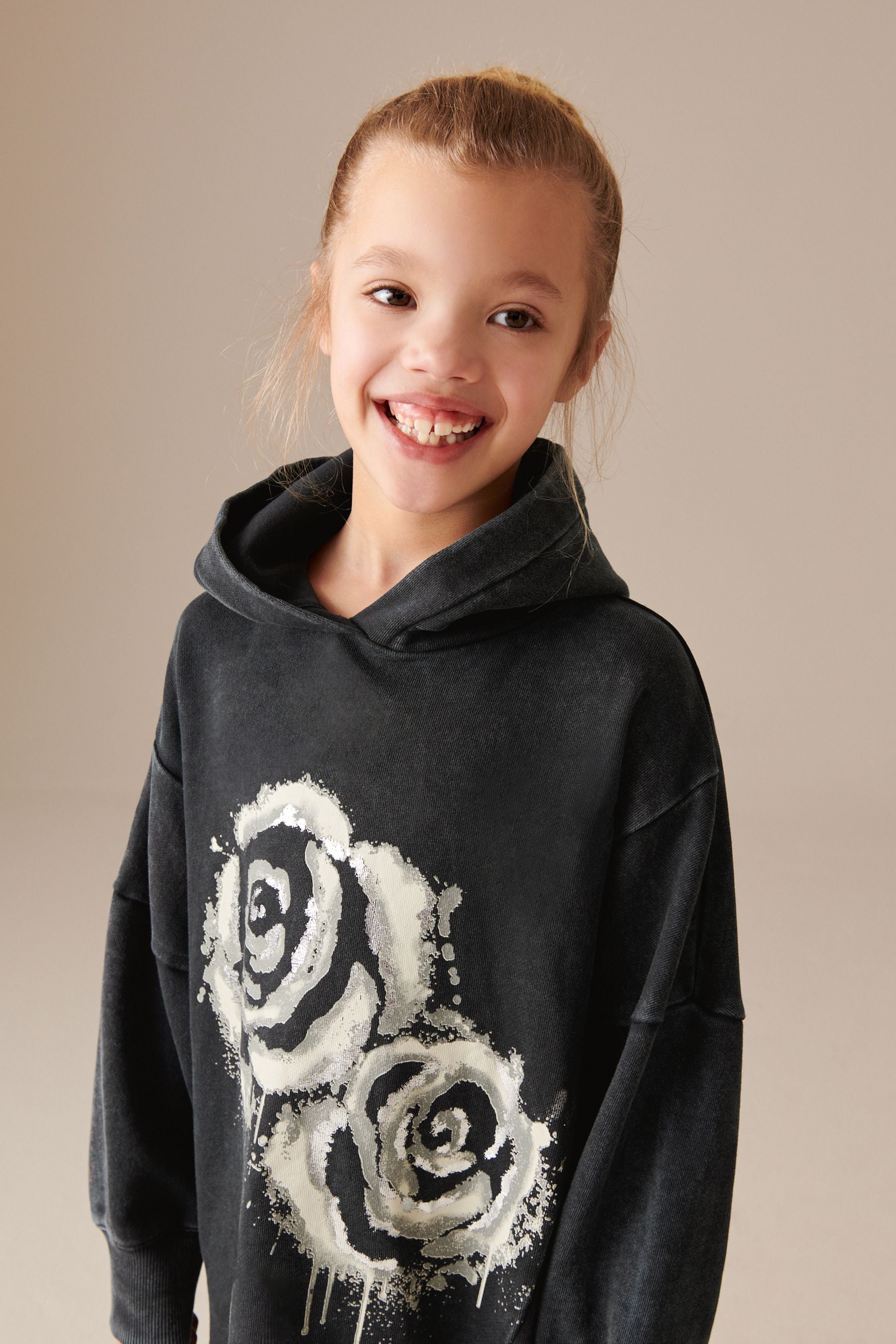 Charcoal Black Rose Printed Longline Hoodie (3-16yrs)