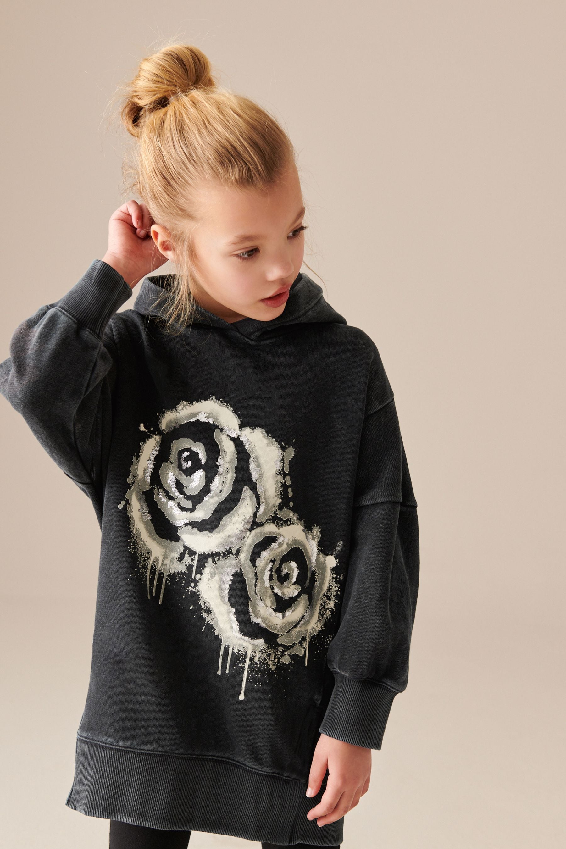 Charcoal Black Rose Printed Longline Hoodie (3-16yrs)