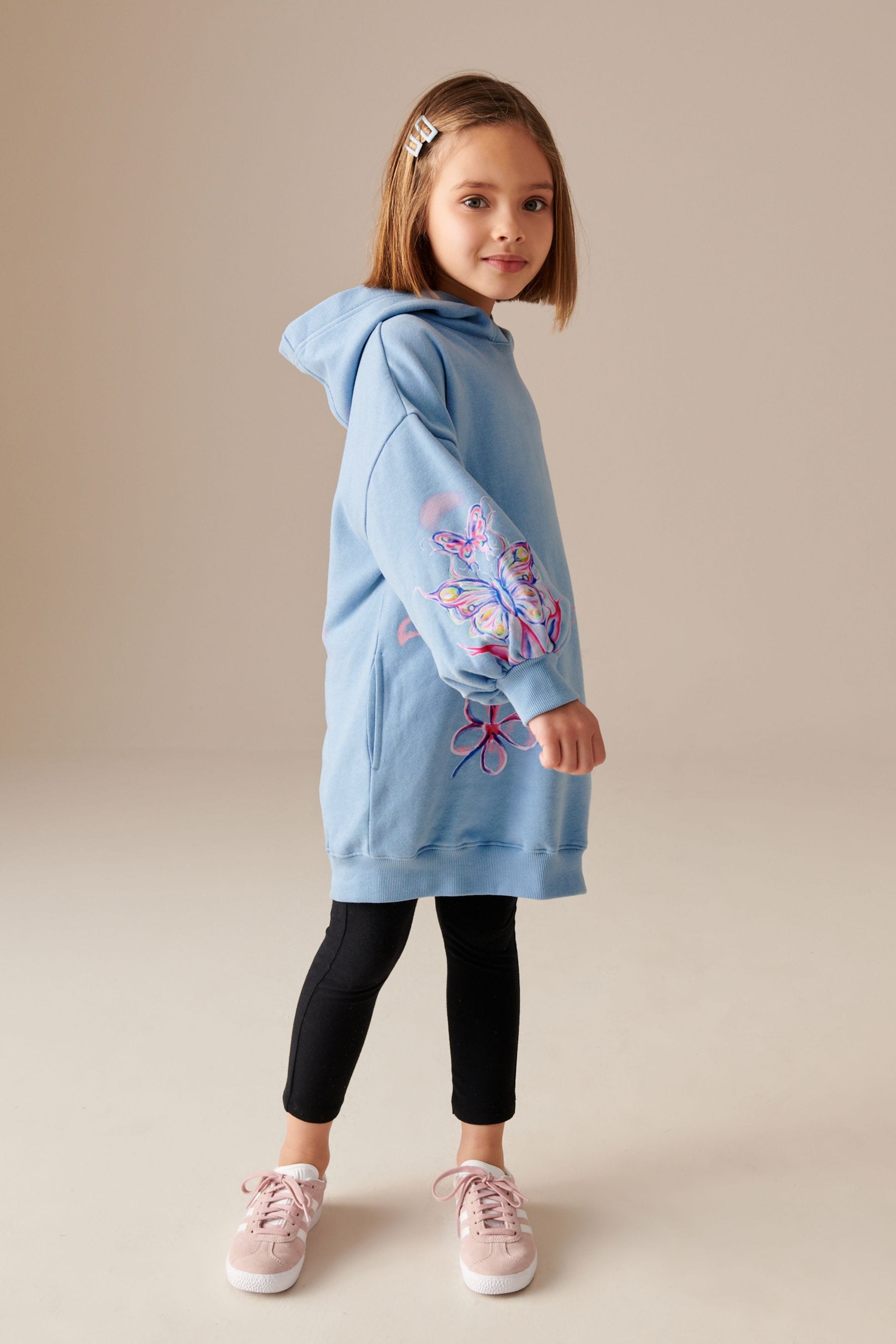 Blue Butterfly Printed Longline Hoodie (3-16yrs)