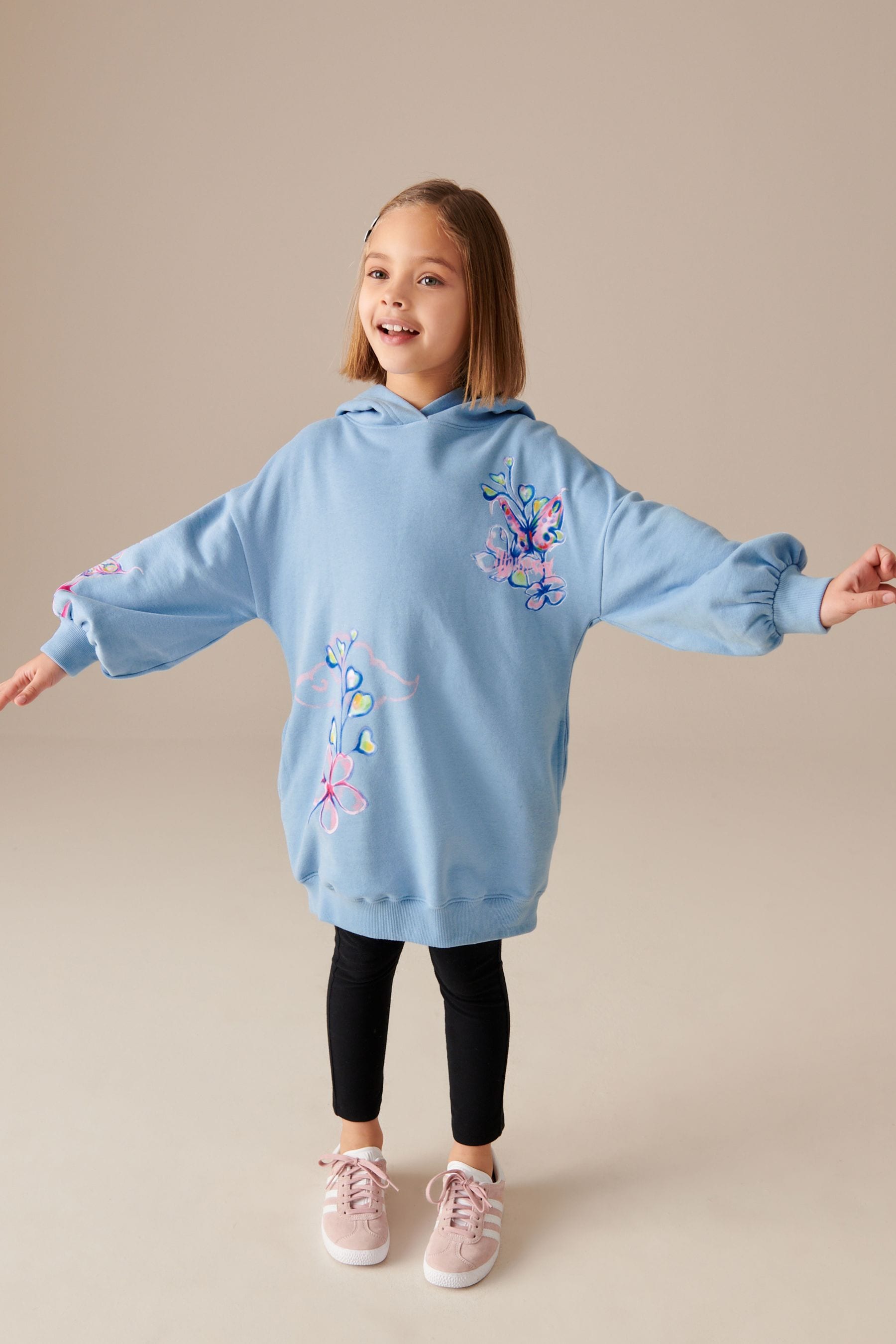 Blue Butterfly Printed Longline Hoodie (3-16yrs)