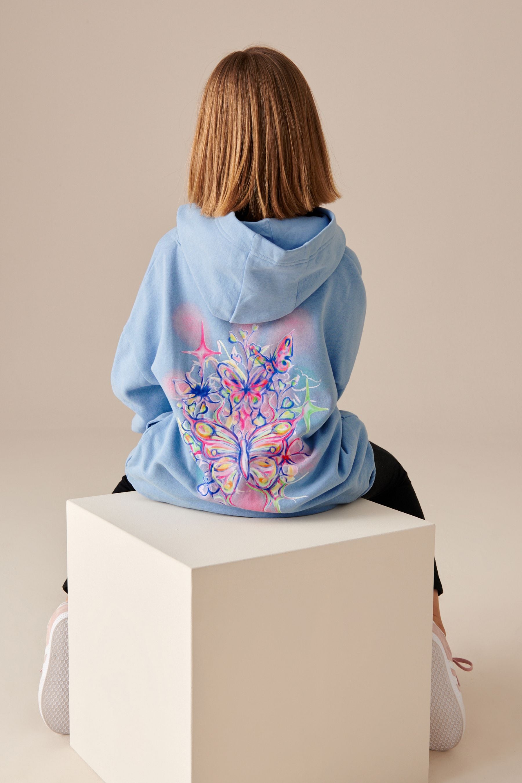 Blue Butterfly Printed Longline Hoodie (3-16yrs)