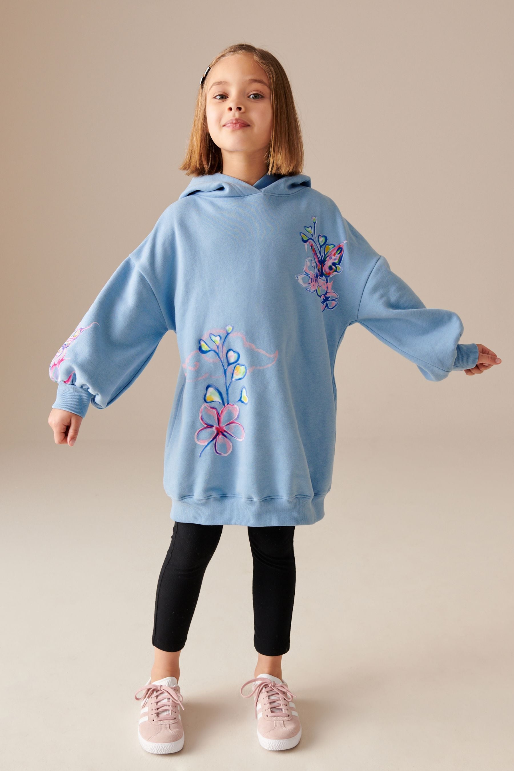 Blue Butterfly Printed Longline Hoodie (3-16yrs)