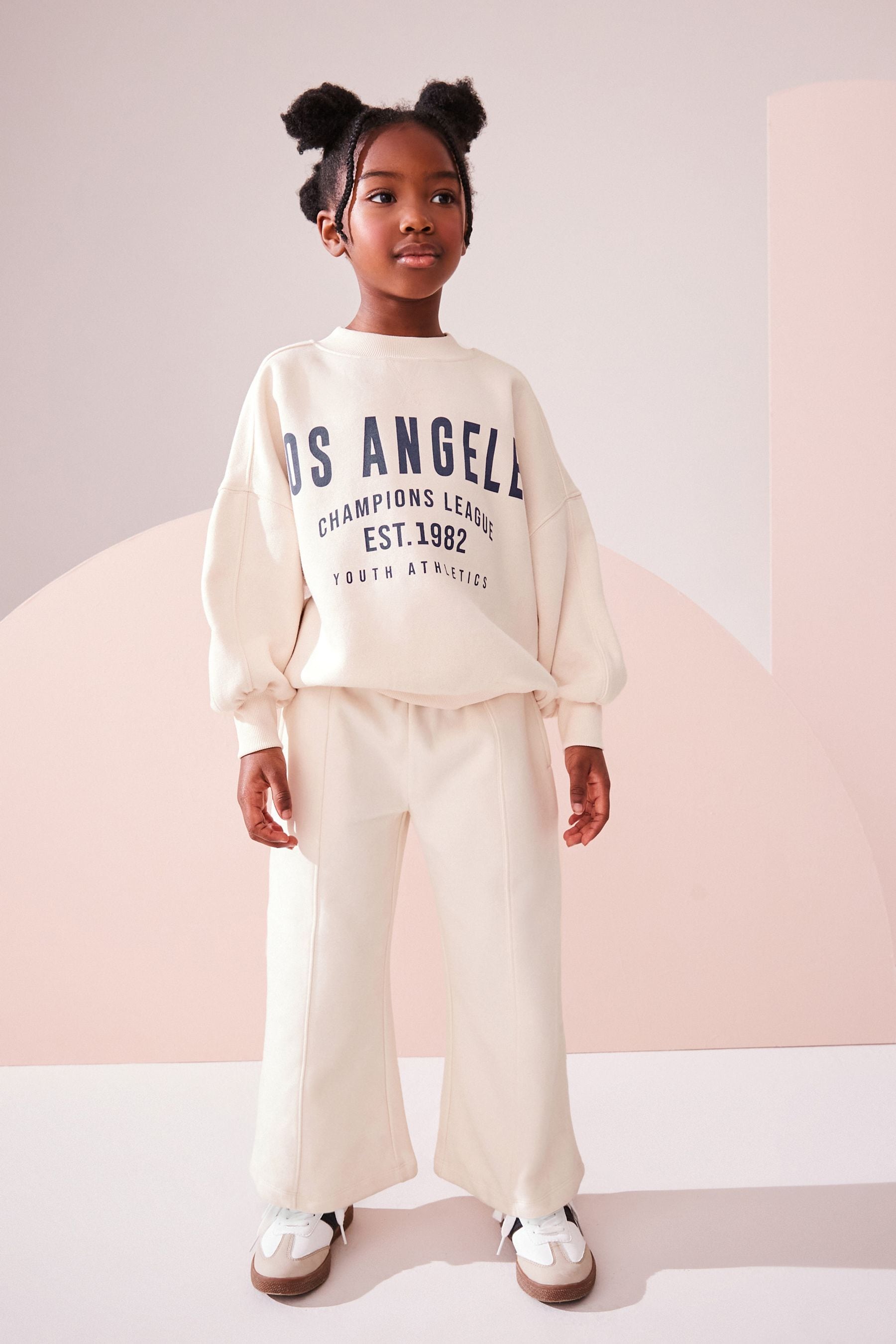 Ecru Slogan Sweatshirt And Wide Leg Joggers Set (3-16yrs)