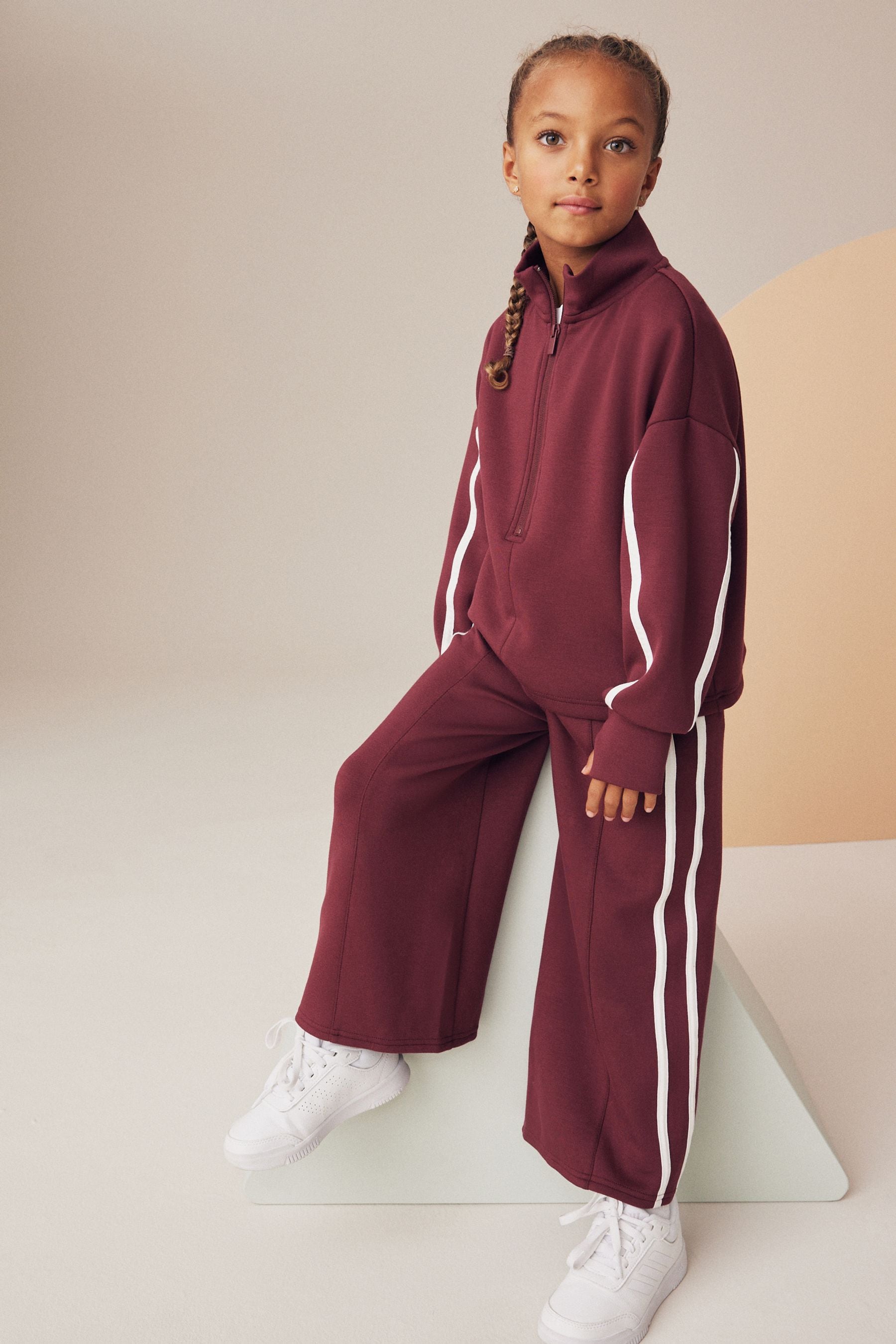 Berry Red Half Zip Top And Wide Leg Joggers Set (3-16yrs)