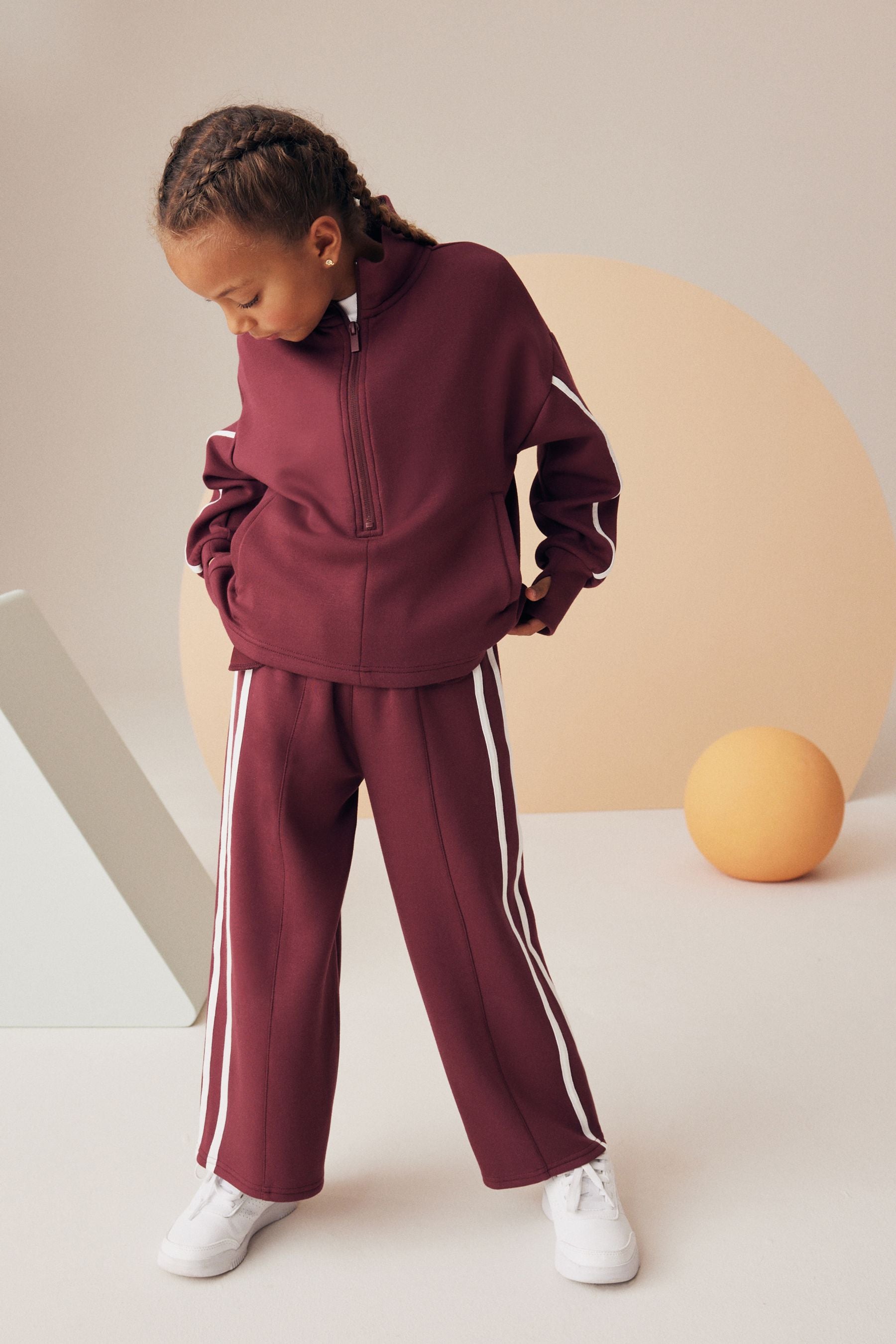 Burgundy Half Zip Top And Wide Leg Joggers Set (3-16yrs)