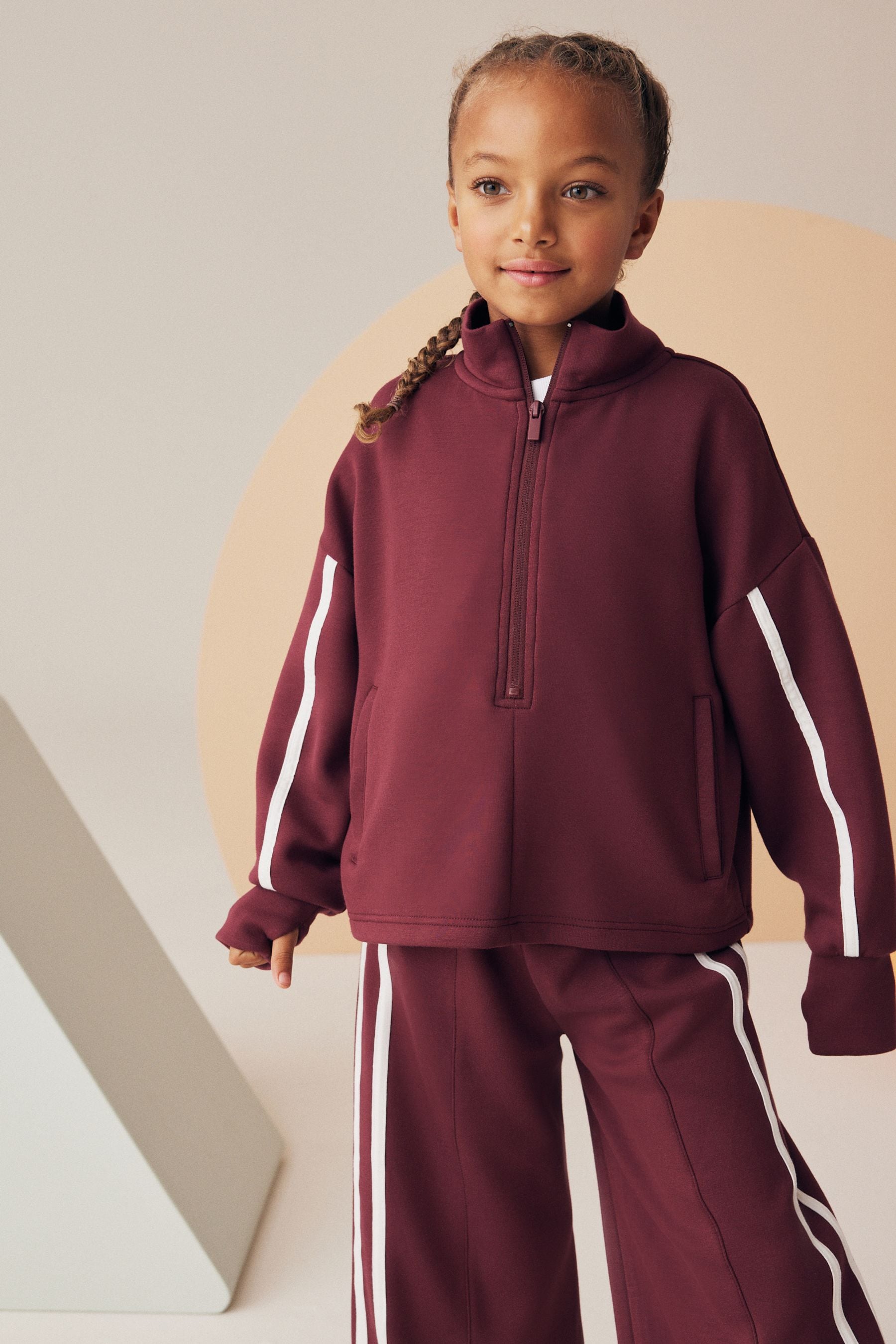 Berry Red Half Zip Top And Wide Leg Joggers Set (3-16yrs)