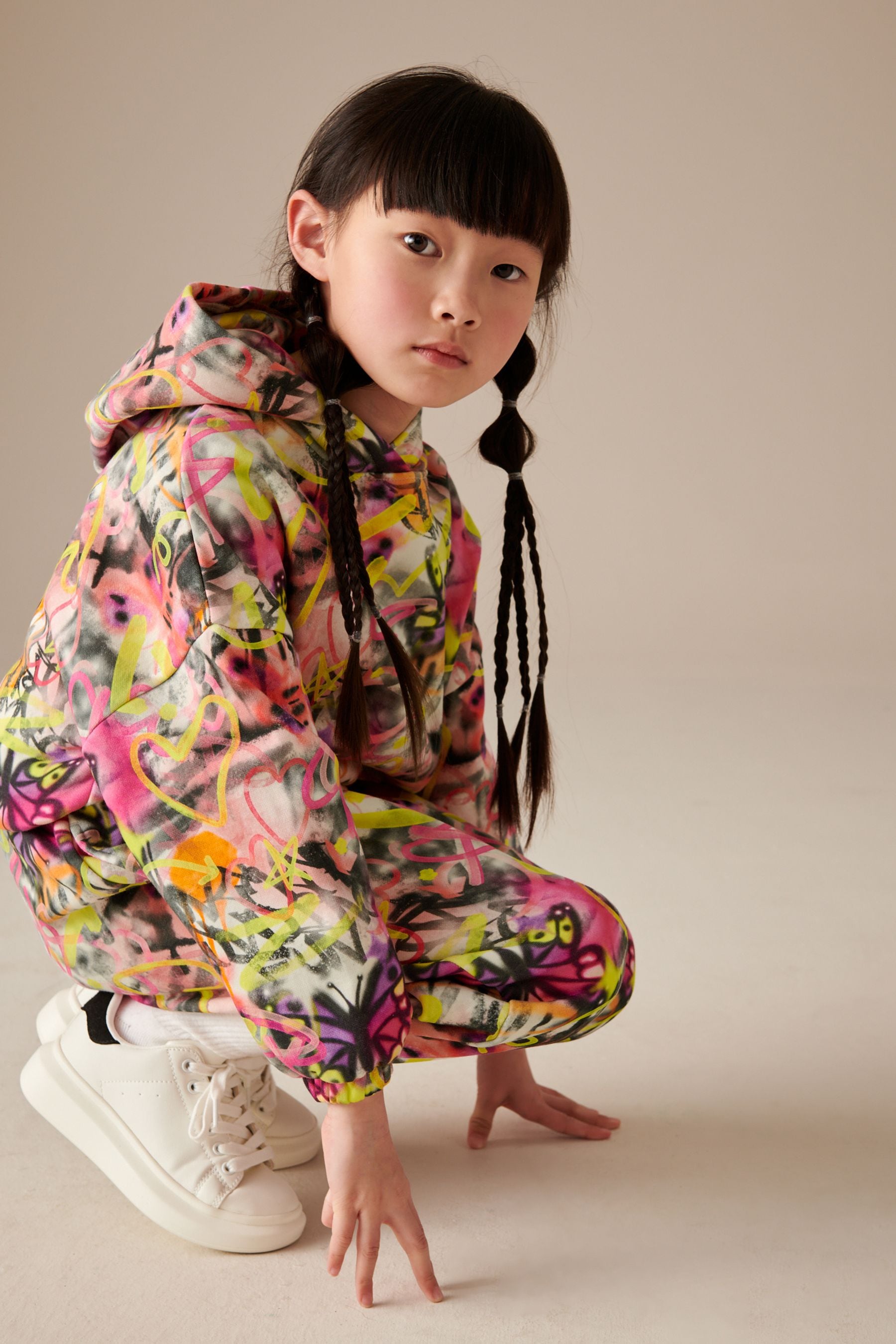 Ecru/Pink Graffiti Printed Hoodie and Joggers Set (3-16yrs)