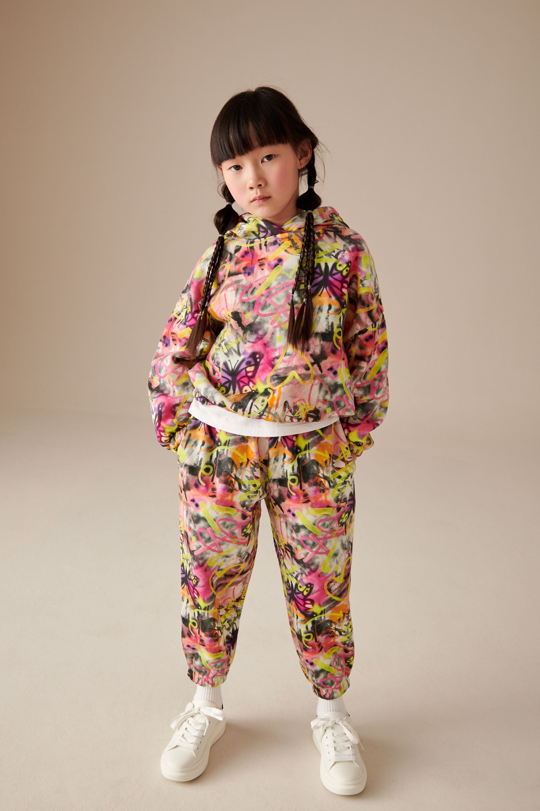 Ecru/Pink Graffiti Printed Hoodie and Joggers Set (3-16yrs)