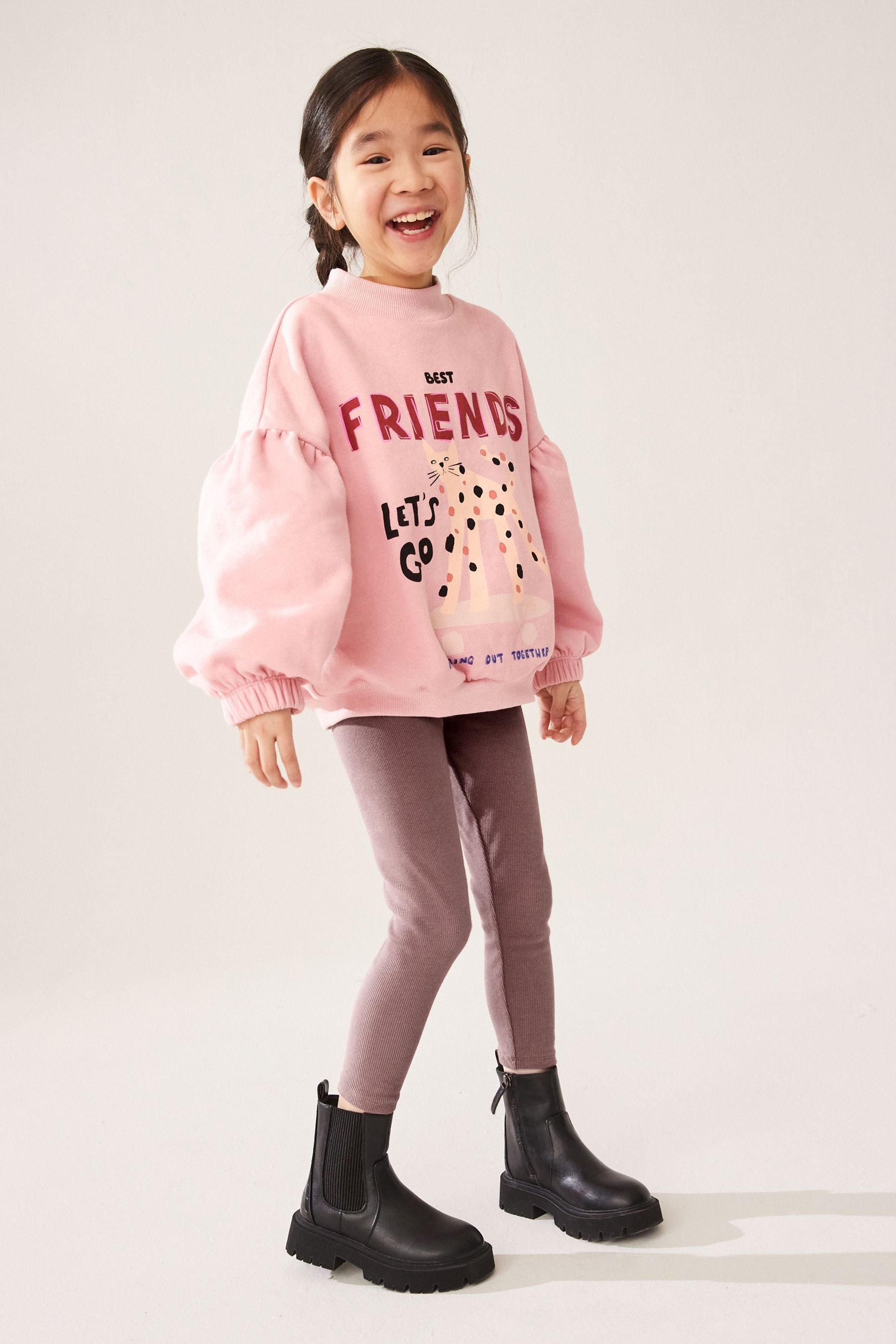 Pink Cat Character Sweatshirt And Ribbed Legging Set (3-16yrs)