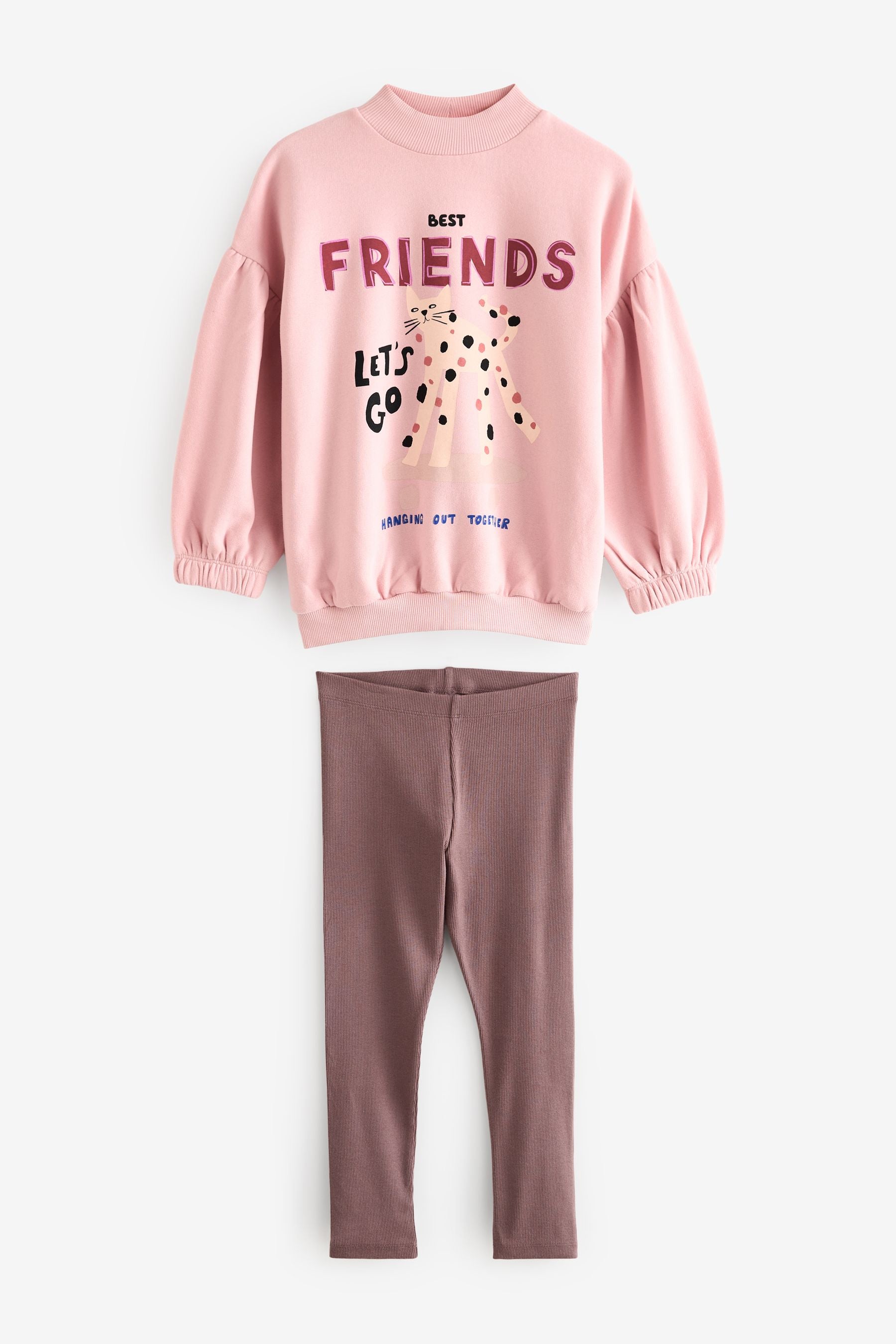 Pink Cat Character Sweatshirt And Ribbed Legging Set (3-16yrs)