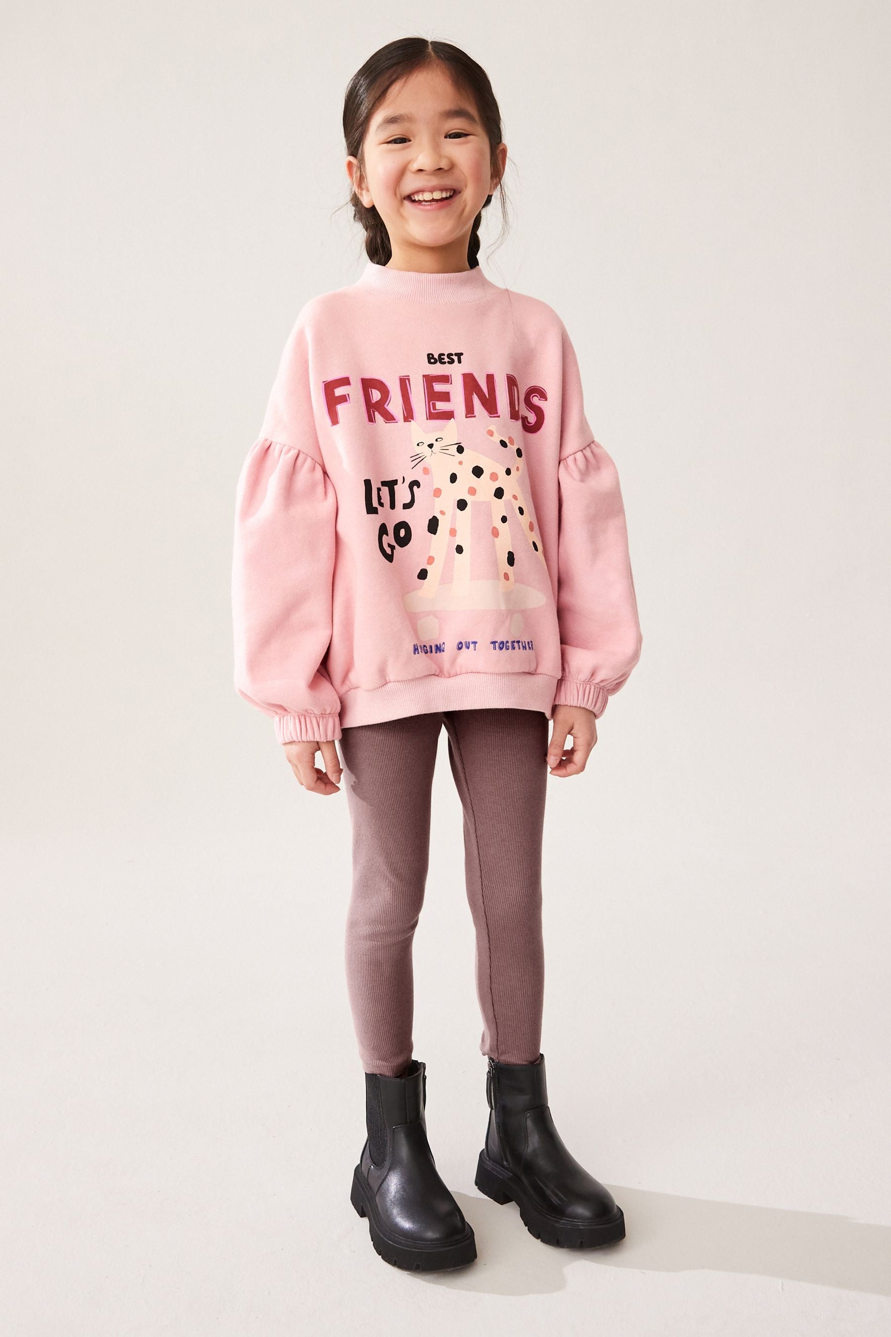 Pink Cat Character Sweatshirt And Ribbed Legging Set (3-16yrs)