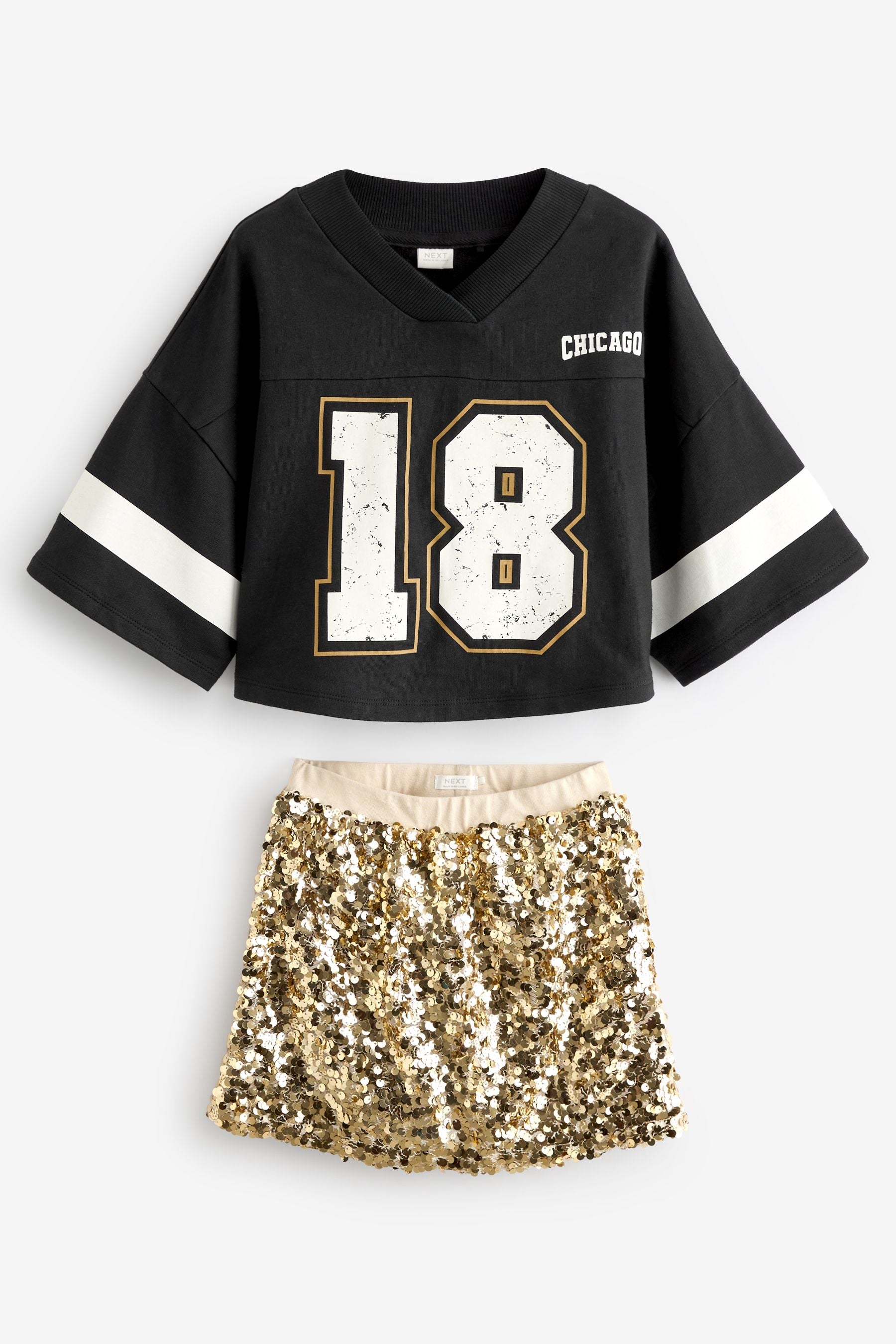 Black/Gold Varisty Tshirt And Sequin Skirt Set (3-14yrs)