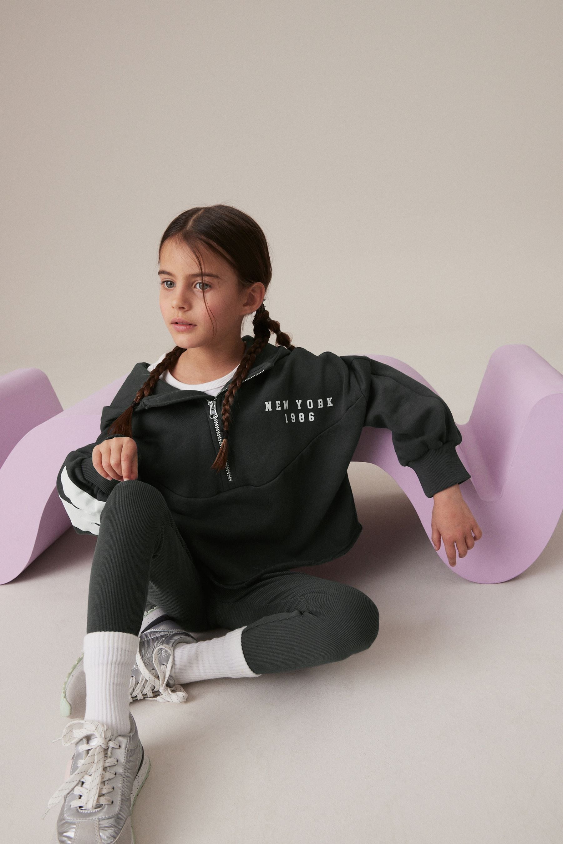 Charcoal Grey Slogan Half Zip Hoodie And Legging Set (3-16yrs)