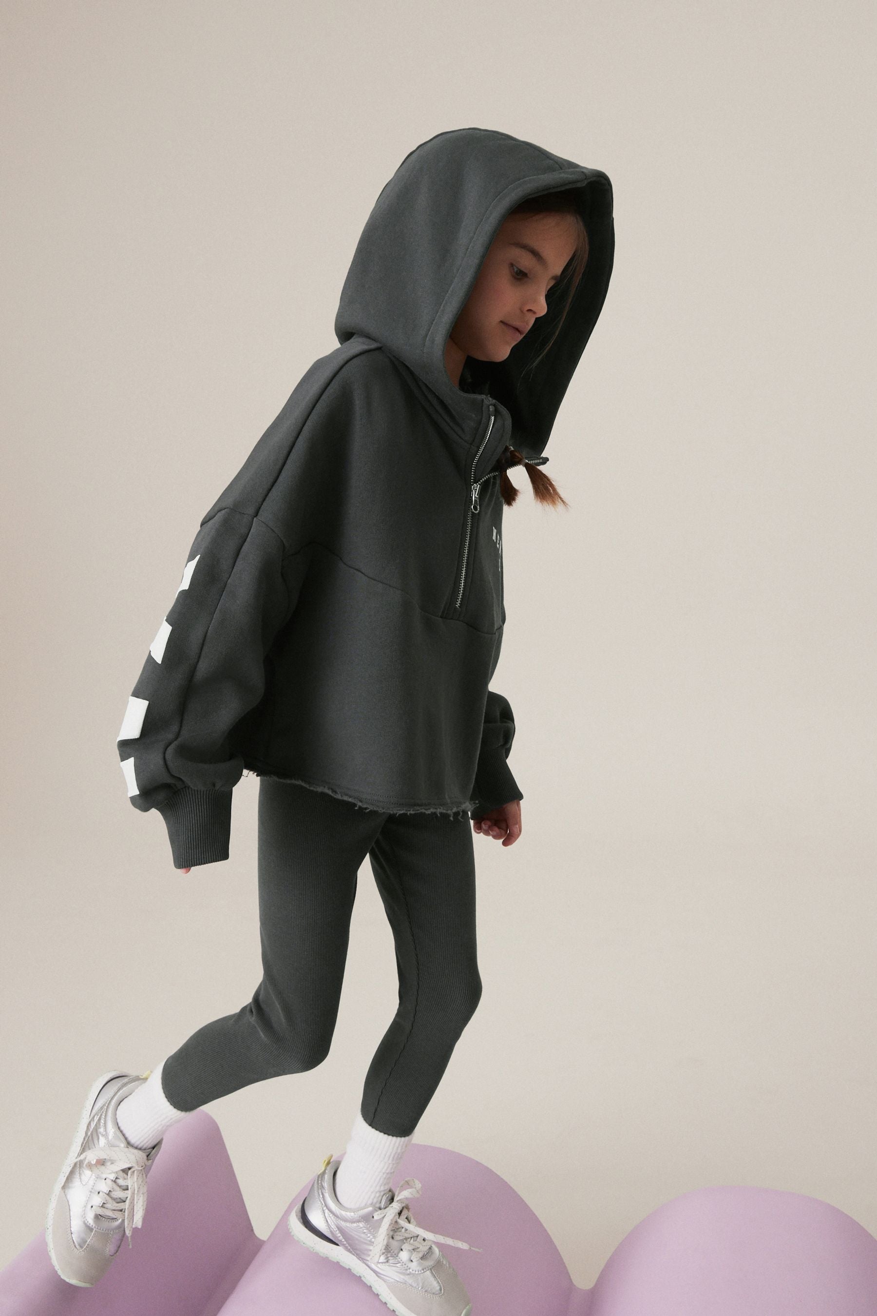 Charcoal Grey Slogan Half Zip Hoodie And Legging Set (3-16yrs)