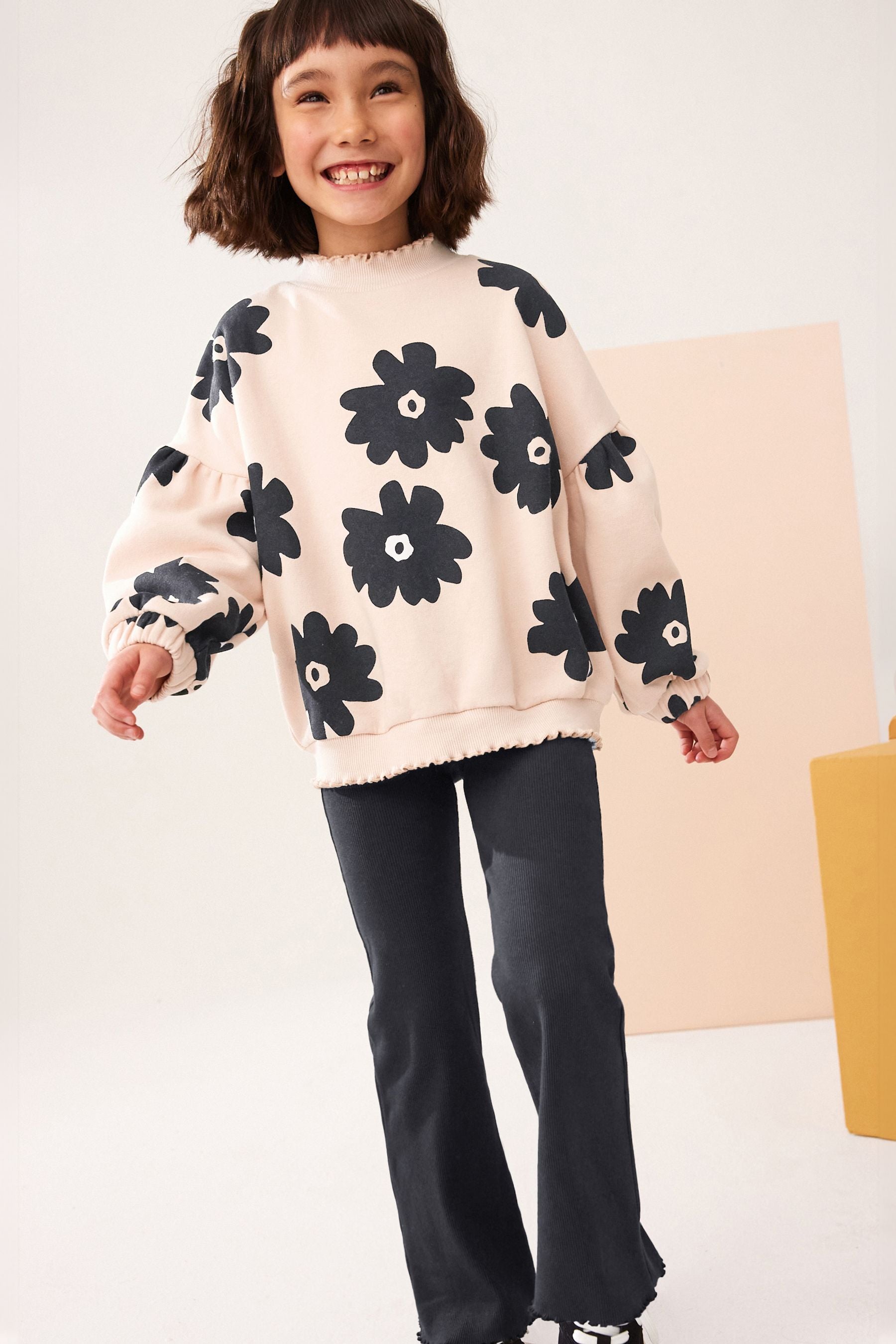 Black Floral Print Sweatshirt And Ribbed Flare Set (3-16yrs)