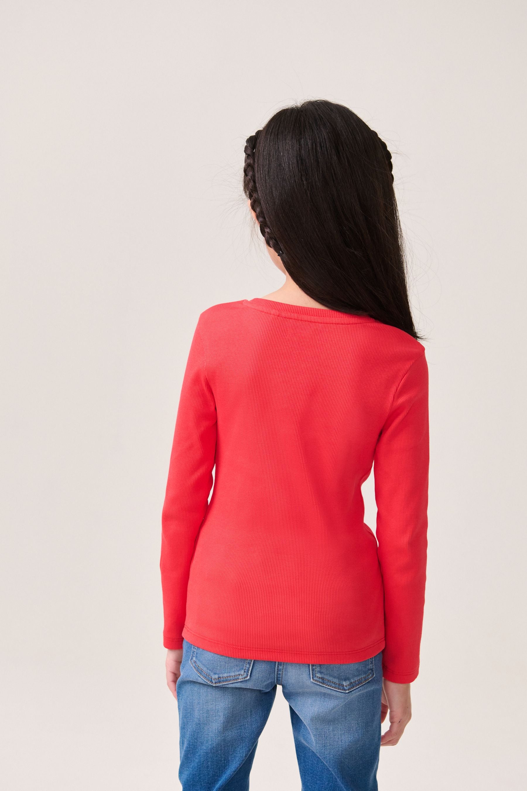 Red 1 Pack Long Sleeve Ribbed Top (3-16yrs)