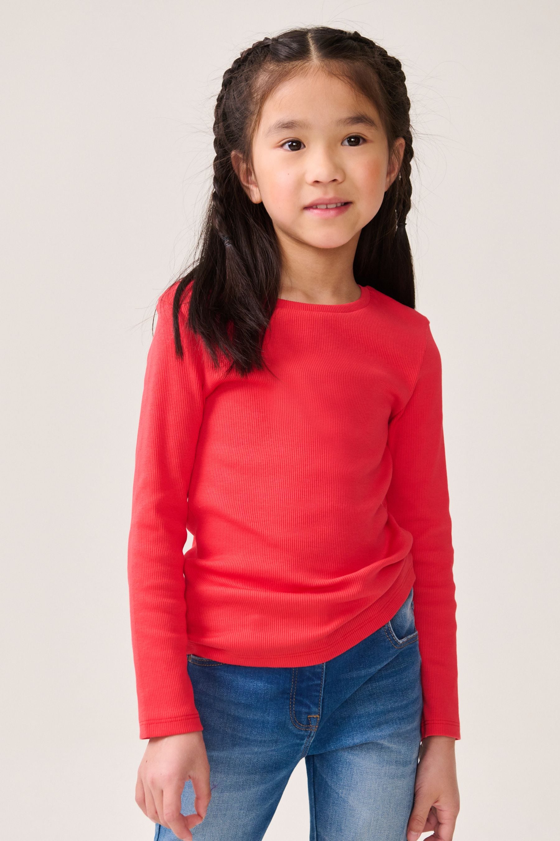 Red 1 Pack Long Sleeve Ribbed Top (3-16yrs)