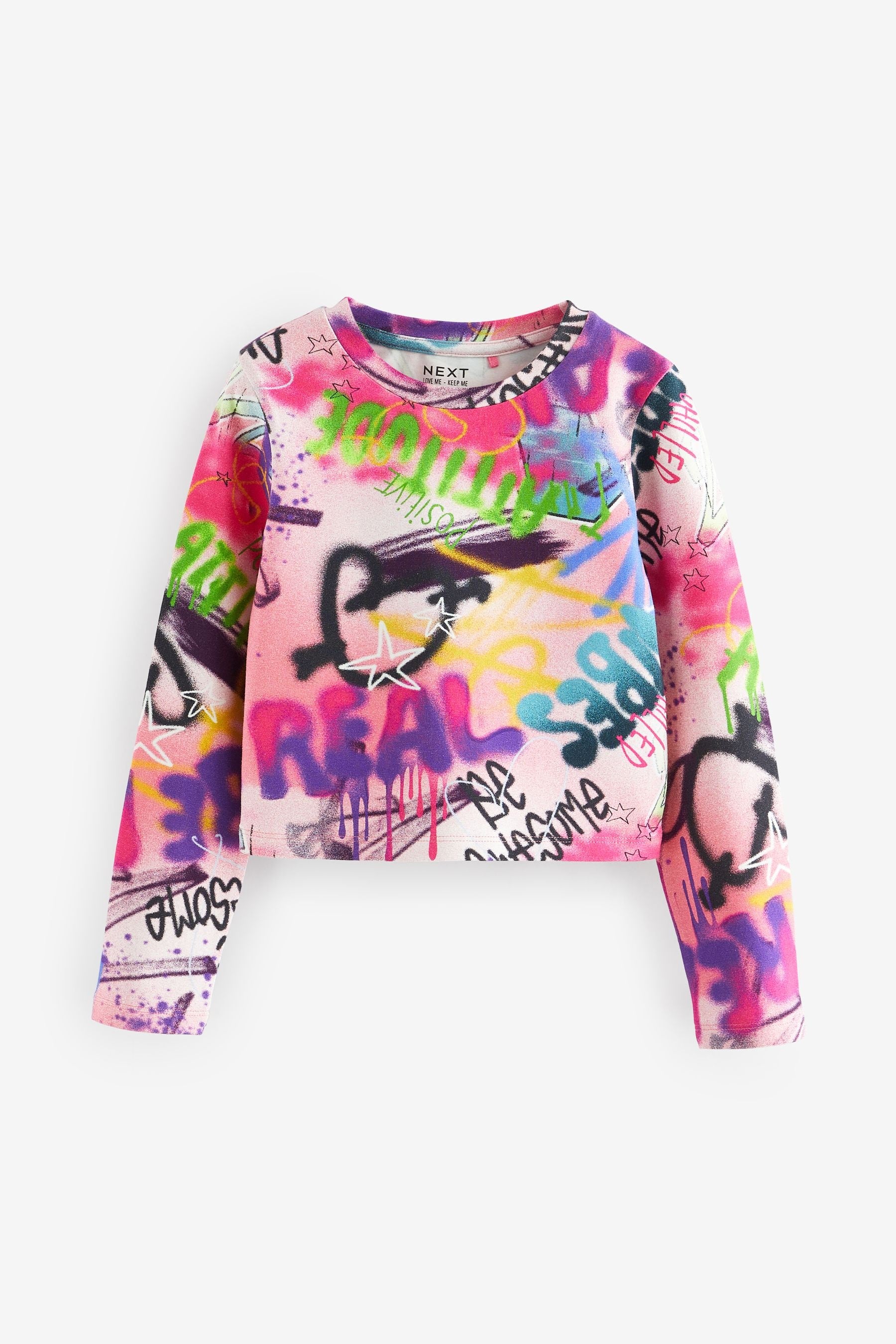 Purple Graffiti Long Sleeve Boxy Cropped T-Shirt (3-16yrs)