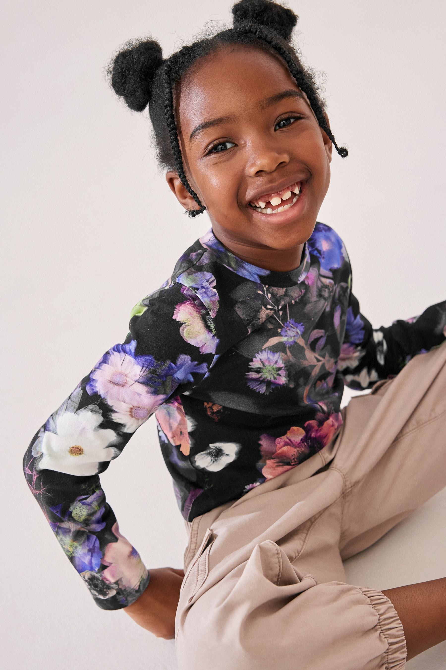 Black Floral Long Sleeve Boxy Cropped T-Shirt (3-16yrs)