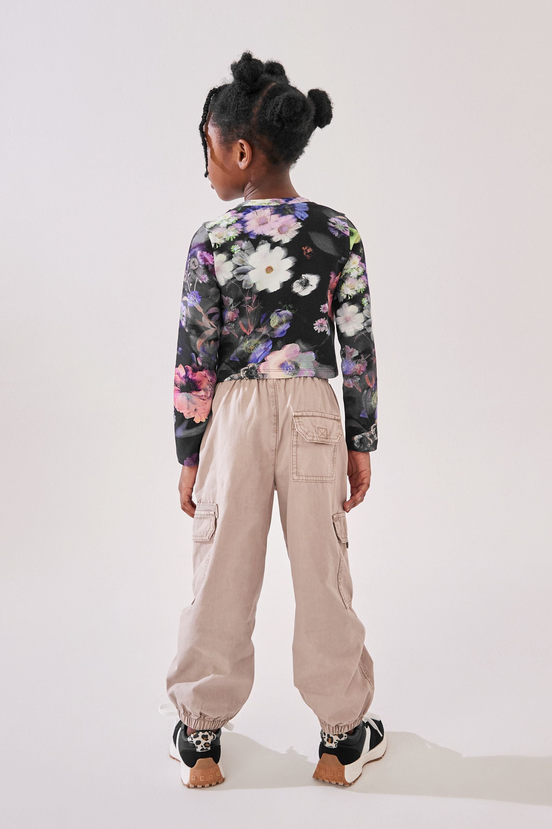 Black Floral Long Sleeve Boxy Cropped T-Shirt (3-16yrs)