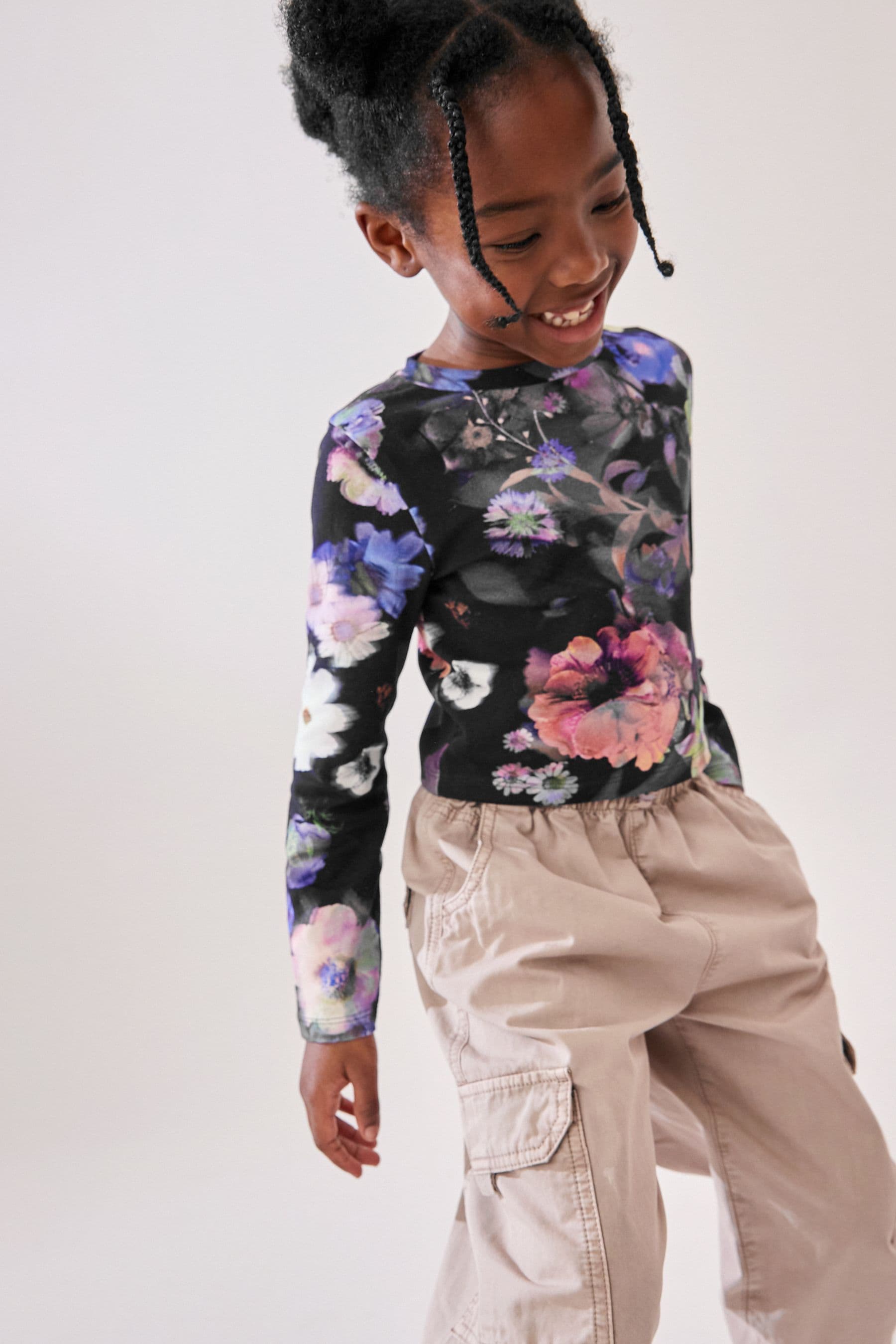 Black Floral Long Sleeve Boxy Cropped T-Shirt (3-16yrs)