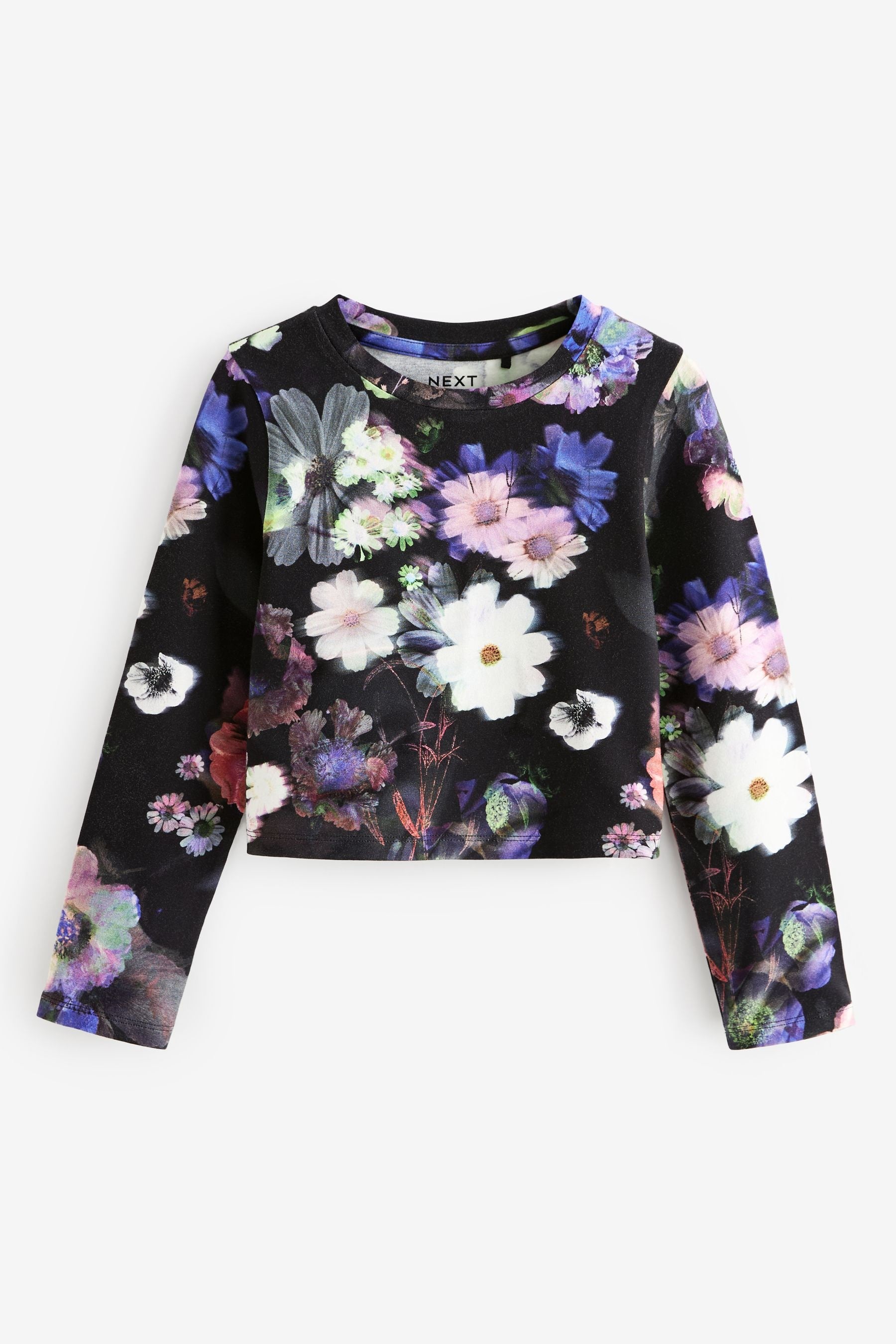 Black Floral Long Sleeve Boxy Cropped T-Shirt (3-16yrs)