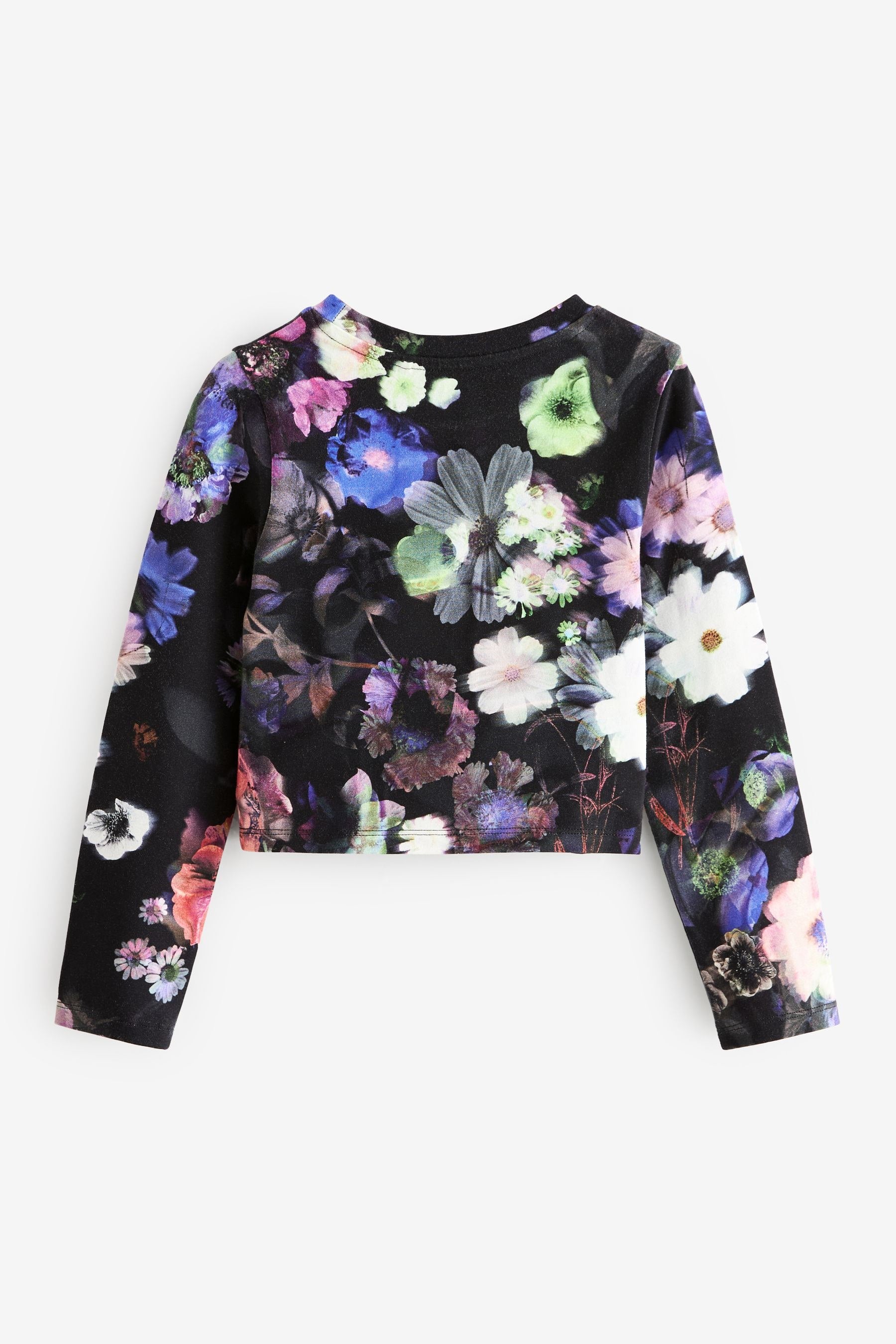 Black Floral Long Sleeve Boxy Cropped T-Shirt (3-16yrs)