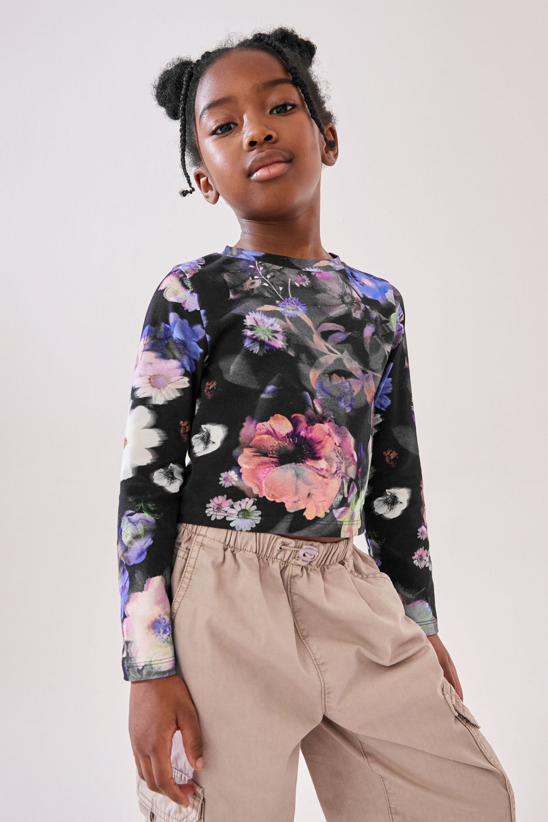 Black Floral Long Sleeve Boxy Cropped T-Shirt (3-16yrs)