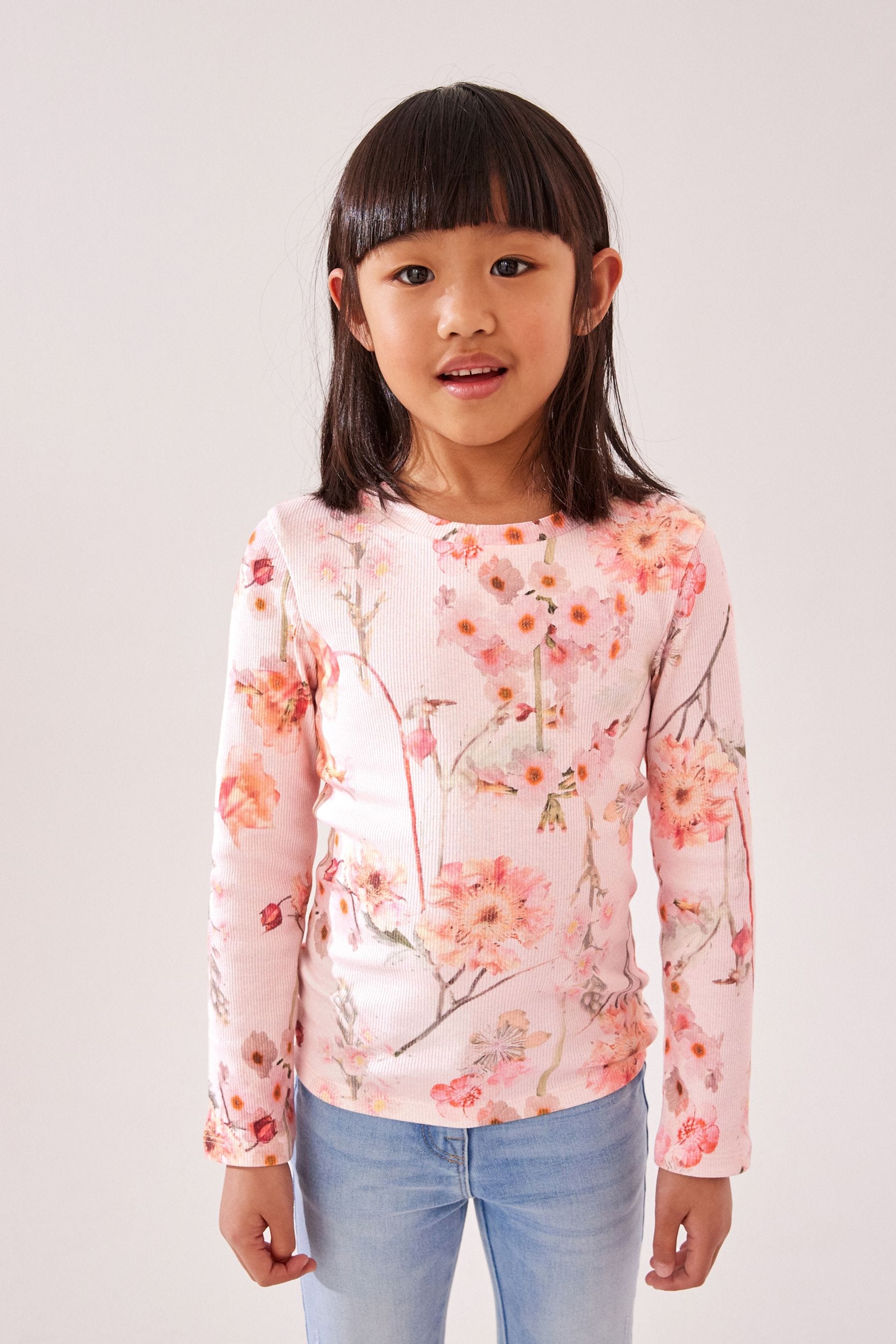 Pink Floral 1 Pack Long Sleeve Ribbed Top (3-16yrs)