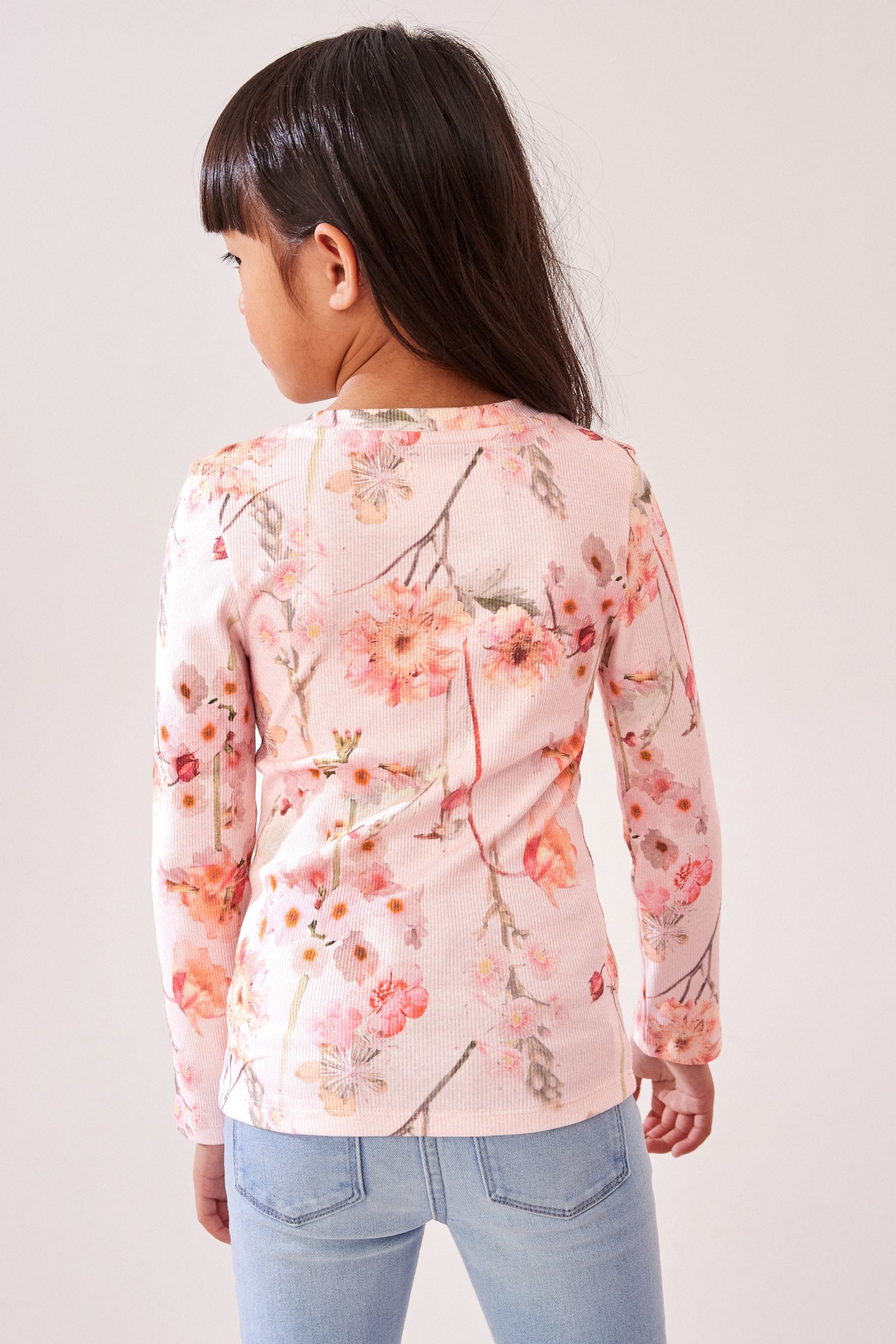 Pink Floral 1 Pack Long Sleeve Ribbed Top (3-16yrs)