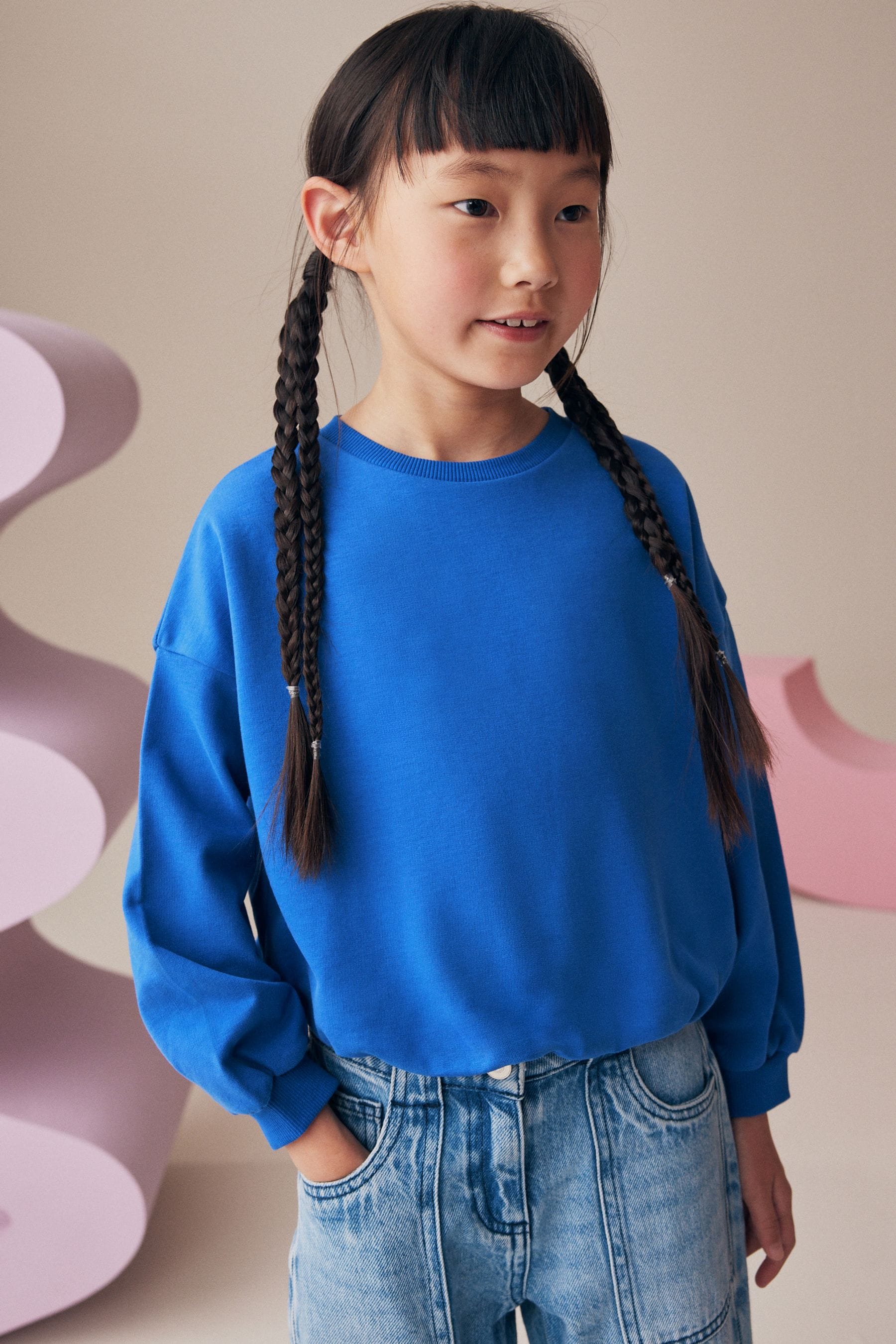 Blue 100% Cotton Boxy Bubble Hem Sweatshirt (3-16yrs)