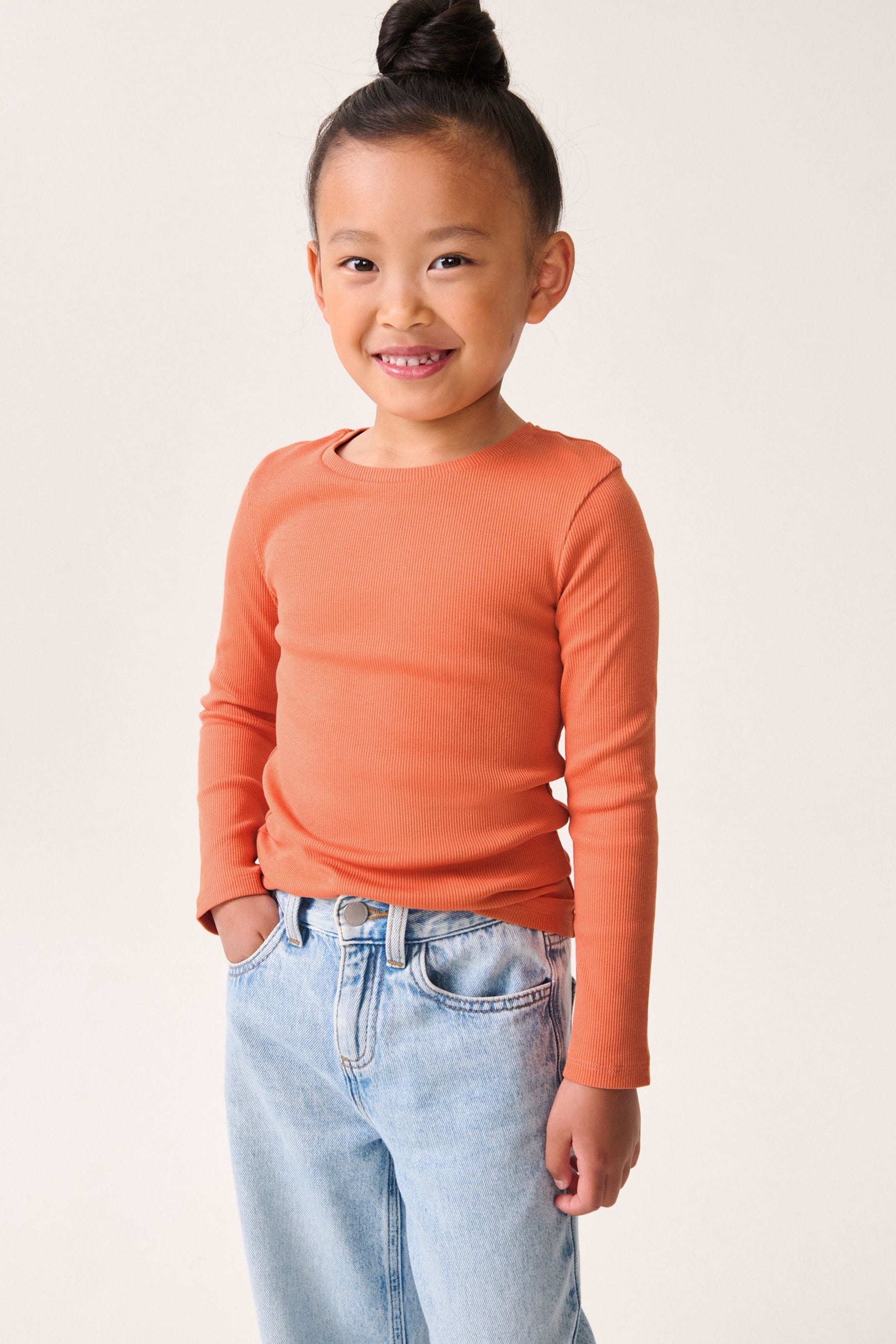 Orange 1 Pack Long Sleeve Ribbed Top (3-16yrs)