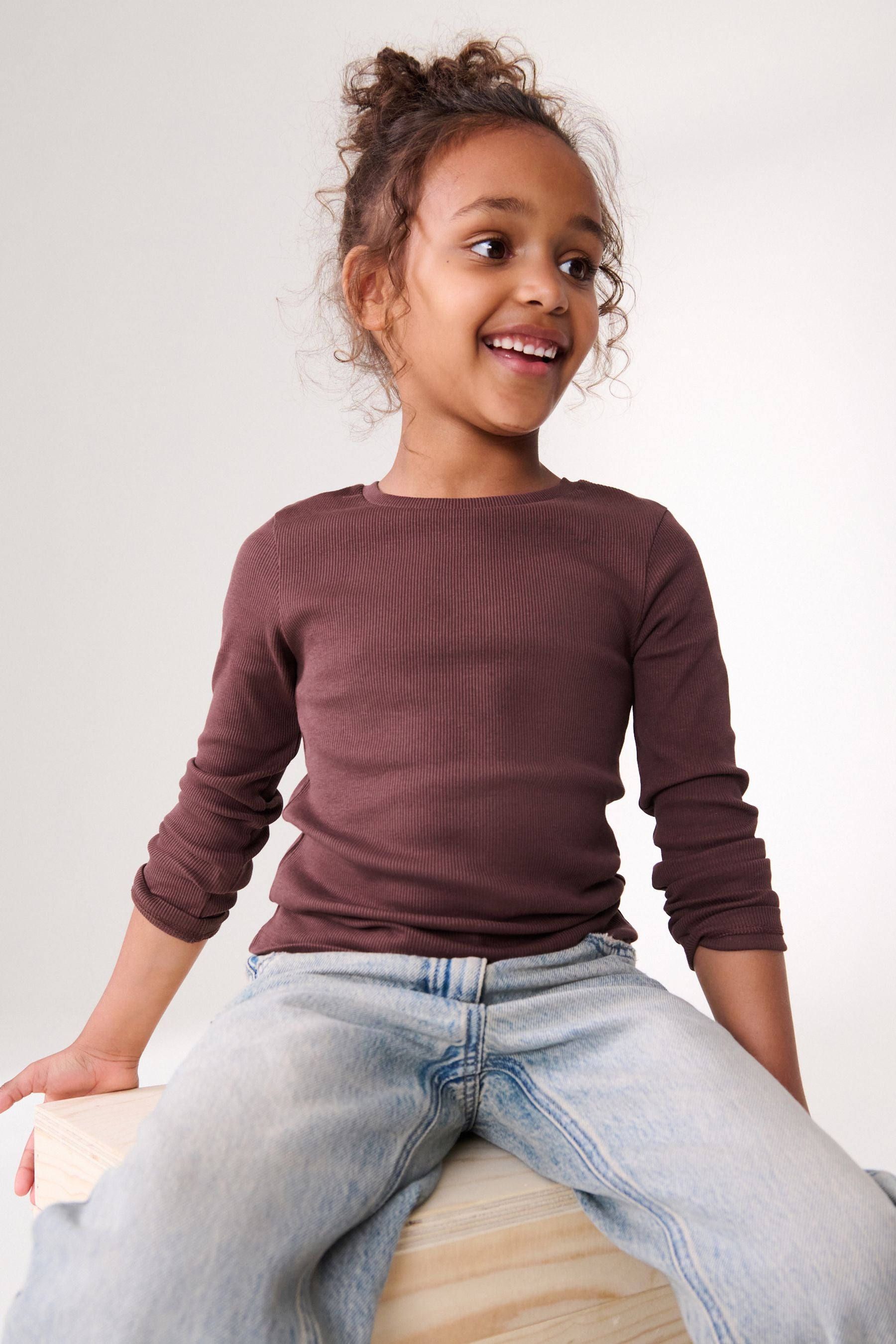 Brown 1 Pack Long Sleeve Ribbed Top (3-16yrs)