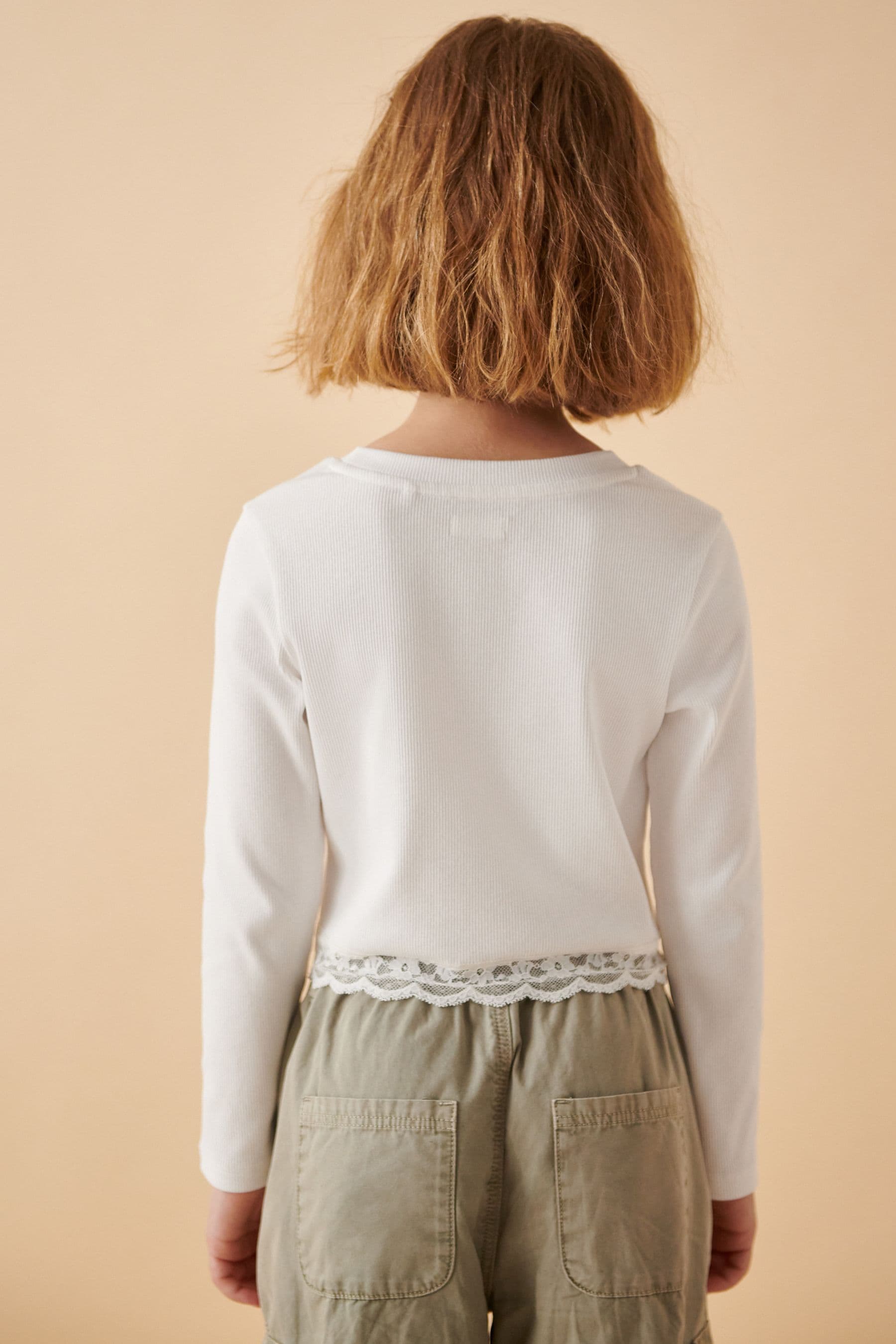 White Lace Trim Long Sleeve Rib Top (3-16yrs)