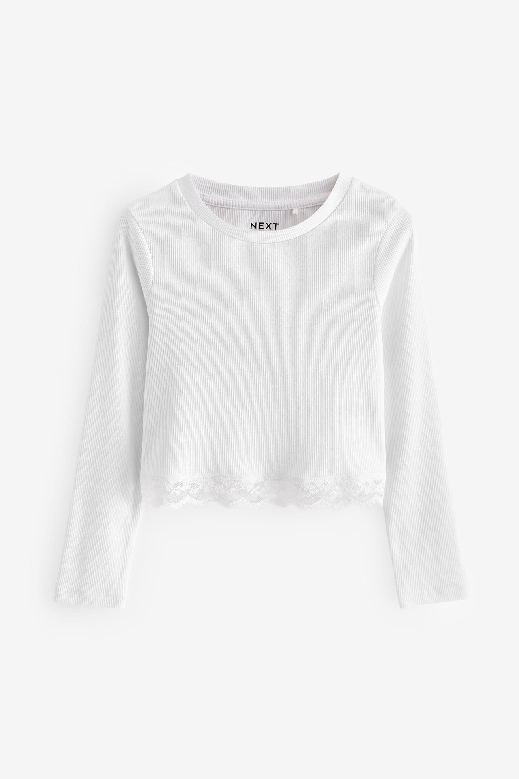 White Lace Trim Long Sleeve Rib Top (3-16yrs)